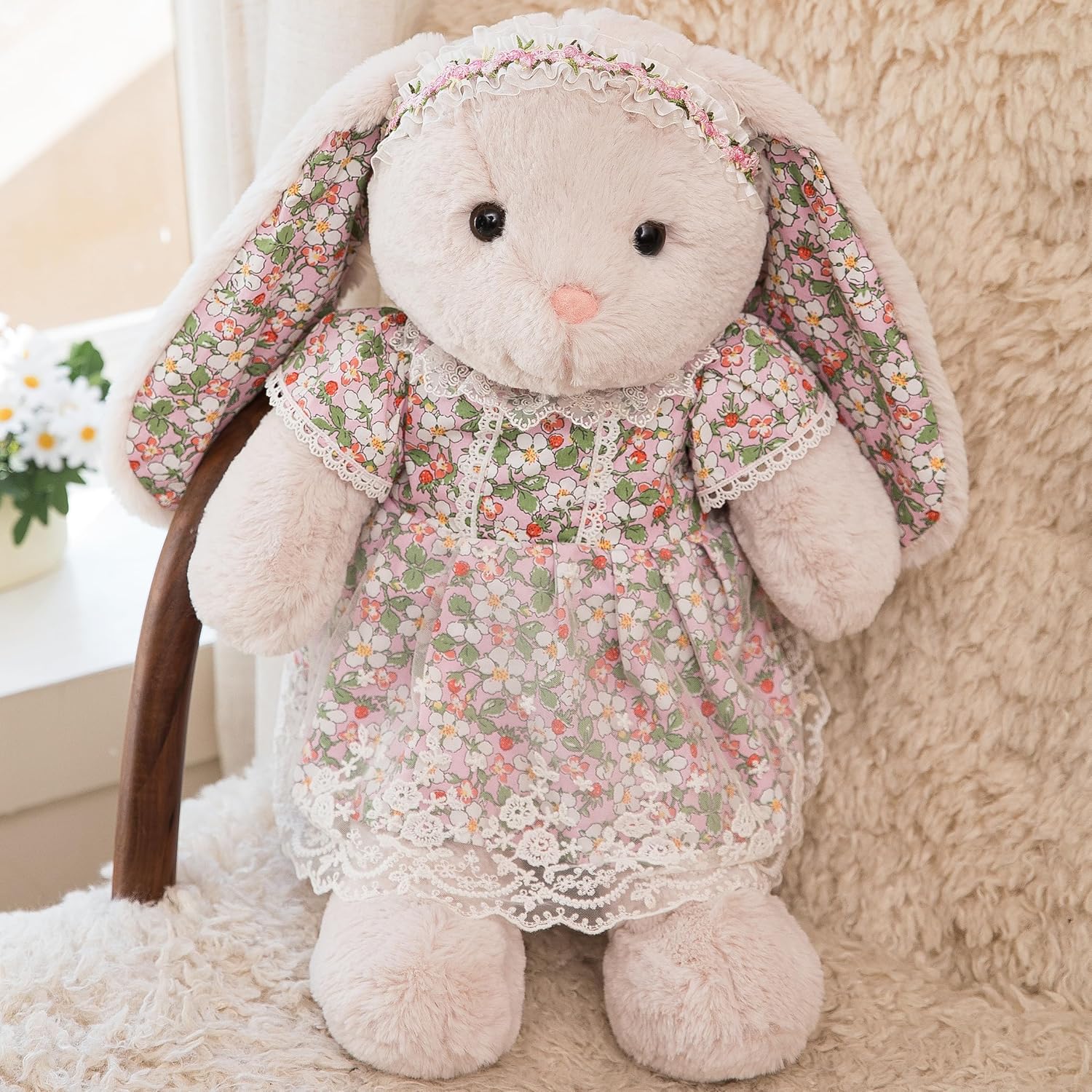 19" Big Rabbit Stuffed Animal,Cute Easter Bunny Plush Toy Wearing a Floral Dress, Gift for Baby Girls Birthday Christmas