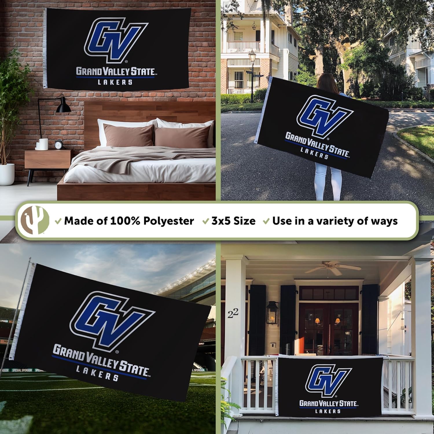 Desert Cactus Grand Valley State University GVSU Flag - 3 x 5 Feet Lakers Banner, Indoor/Outdoor Durable Fabric, 100% Polyester Design (Style 1a) - Image 3
