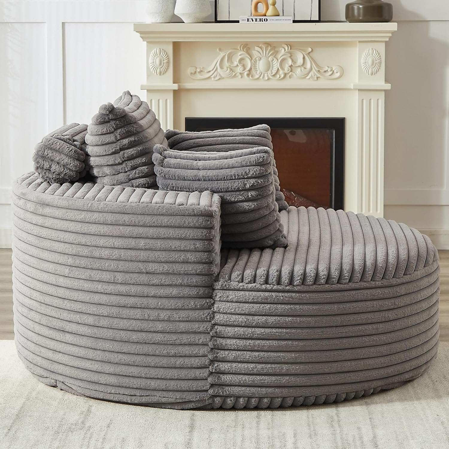 Oversized Round Chaise Longue Chair Indoor, Modern 55 inch Upholstered Corduroy Deep Seat Circle Single Cloud Lounge Floor Sofa Chair for Living Room Bedroom Apartment, Grey