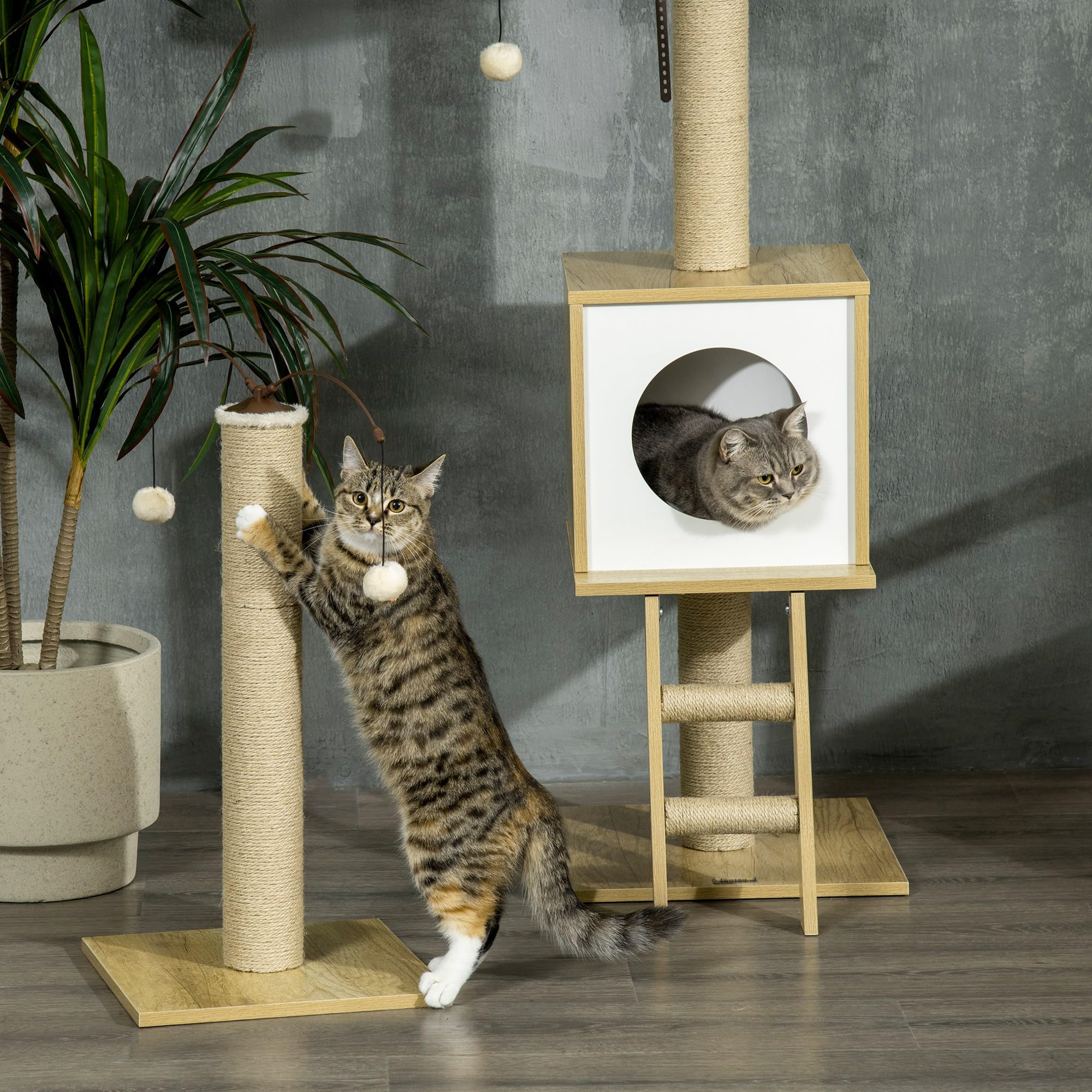 PawHut Set 2 Pezzi Albero per Gatti Altezza Regolabile 40x40x225-285 cm | in Truciolato, Tiragraffi per Gatti, Casetta, Amaca, Pallina da Gioco