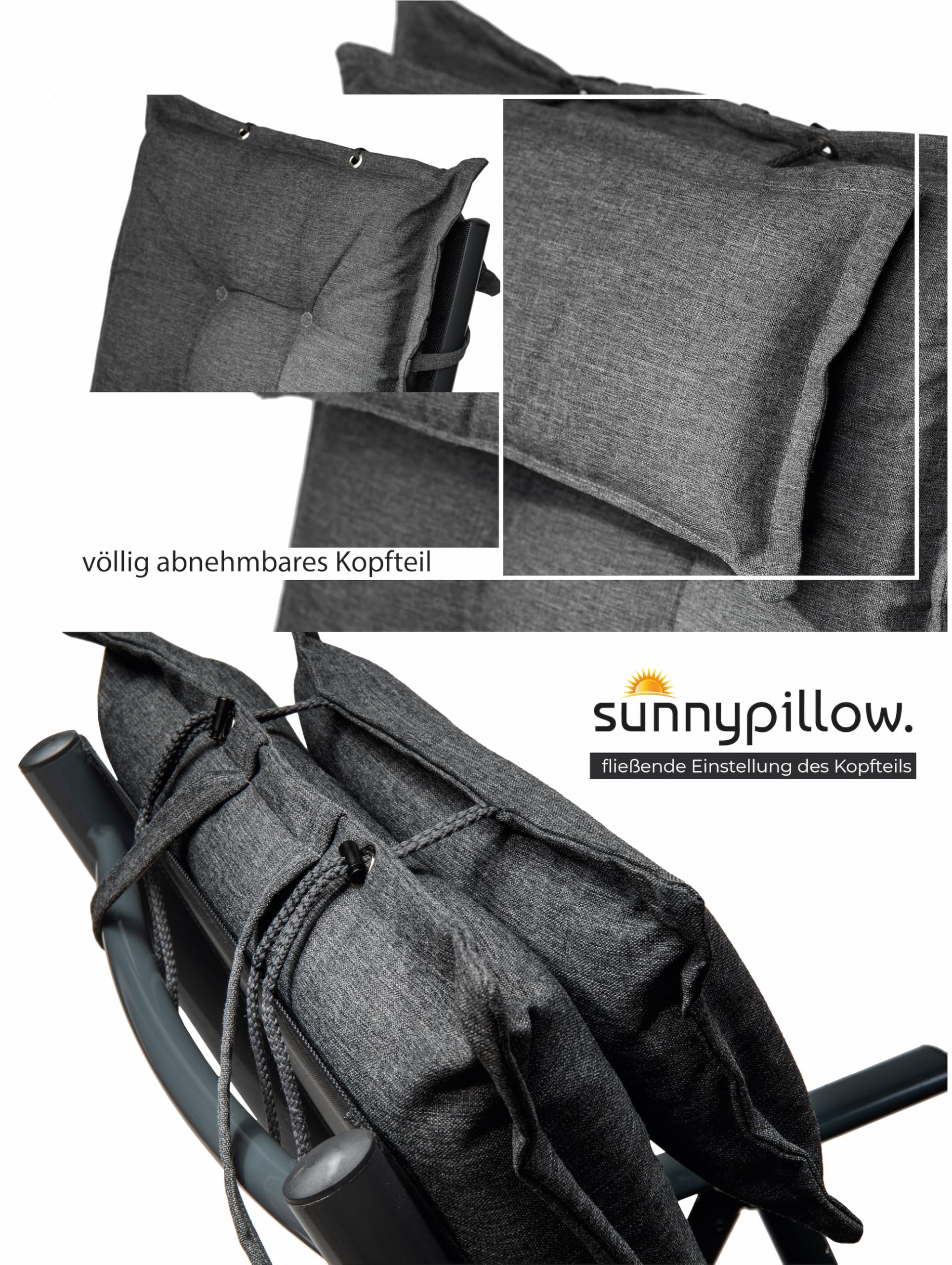 sunnypillow Set di 2 Cuscini per Sedia da Giardino con Schienale Alto - 120 x 50 Spesso 9 cm - per Interni ed Esterni - con Poggiatesta Rimovibile, Impermeabile e Resistente ai Raggi UV - Antracite