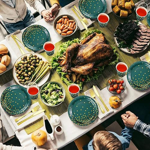 Miniatura 4 de 560 piezas de suministros de fiesta verde oscuro y dorado para 80 invitados, juegos de vajilla desechables, platos de papel verde, servilletas,