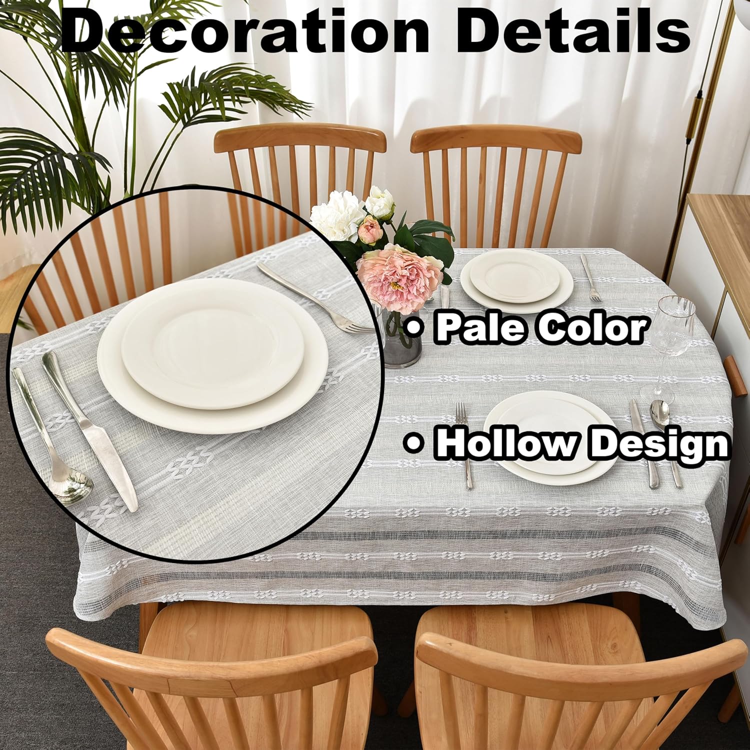 Farmhouse Striped Embroidery Oval Tablecloth, Openwork Heavy Weight Linen Wrinkle Resistant Table Cloth Dining Table Cover for Home Party Banquet Decor 60x84 Inch Grey