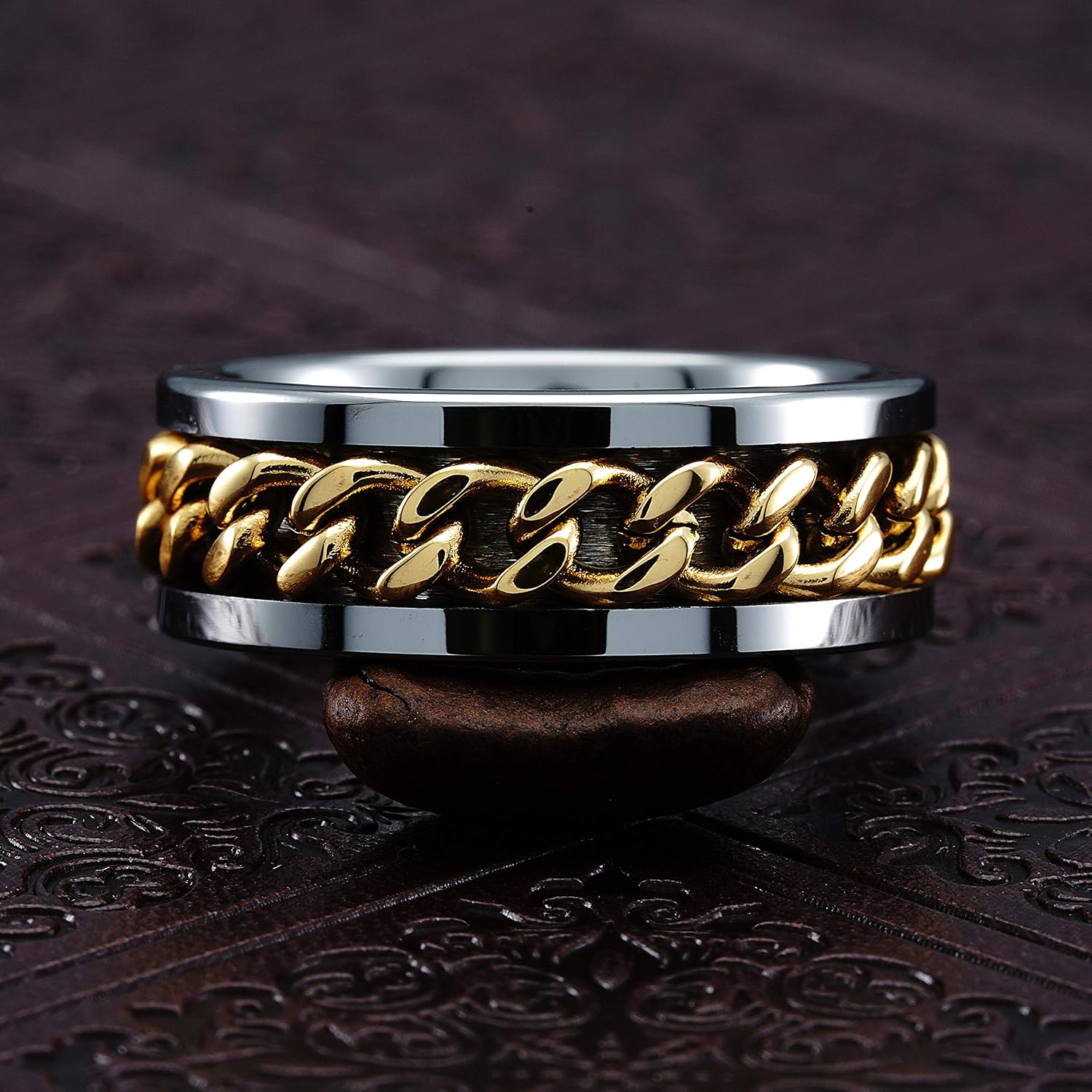 100S JEWELRY Spinner Ring Gold Cuban Link Tungsten Wedding Band For Men Women Promise Engagement Sizes 6-16