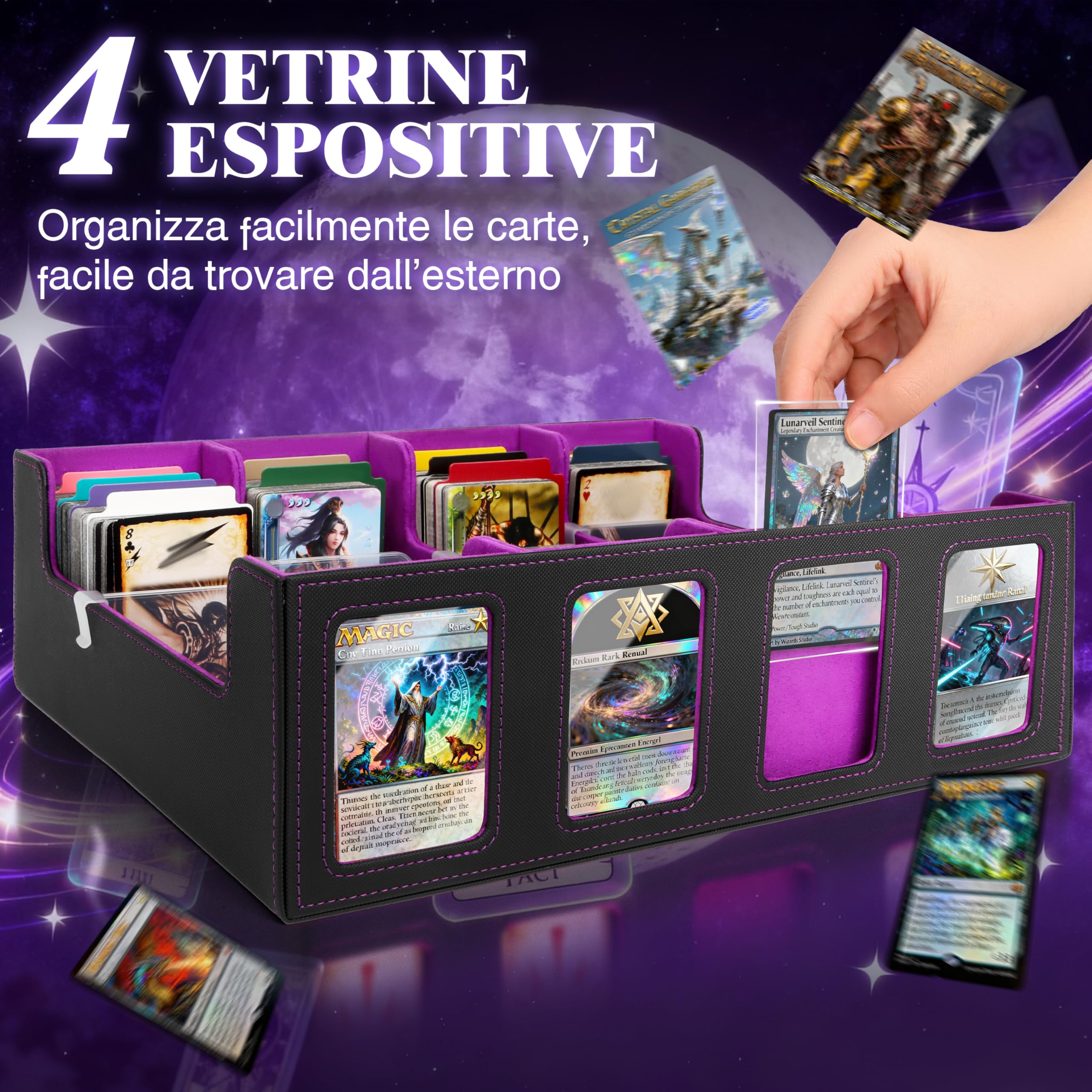 Charmofun Deck Box per Carte, Magnetic Scatola di Carte da Collezione per Oltre 2800+, Porta Deck con Pelle PU e Chiusura Magnetica, 10 Divisori per Carte, 4 Clip Divisorie (Viola, 2400+)