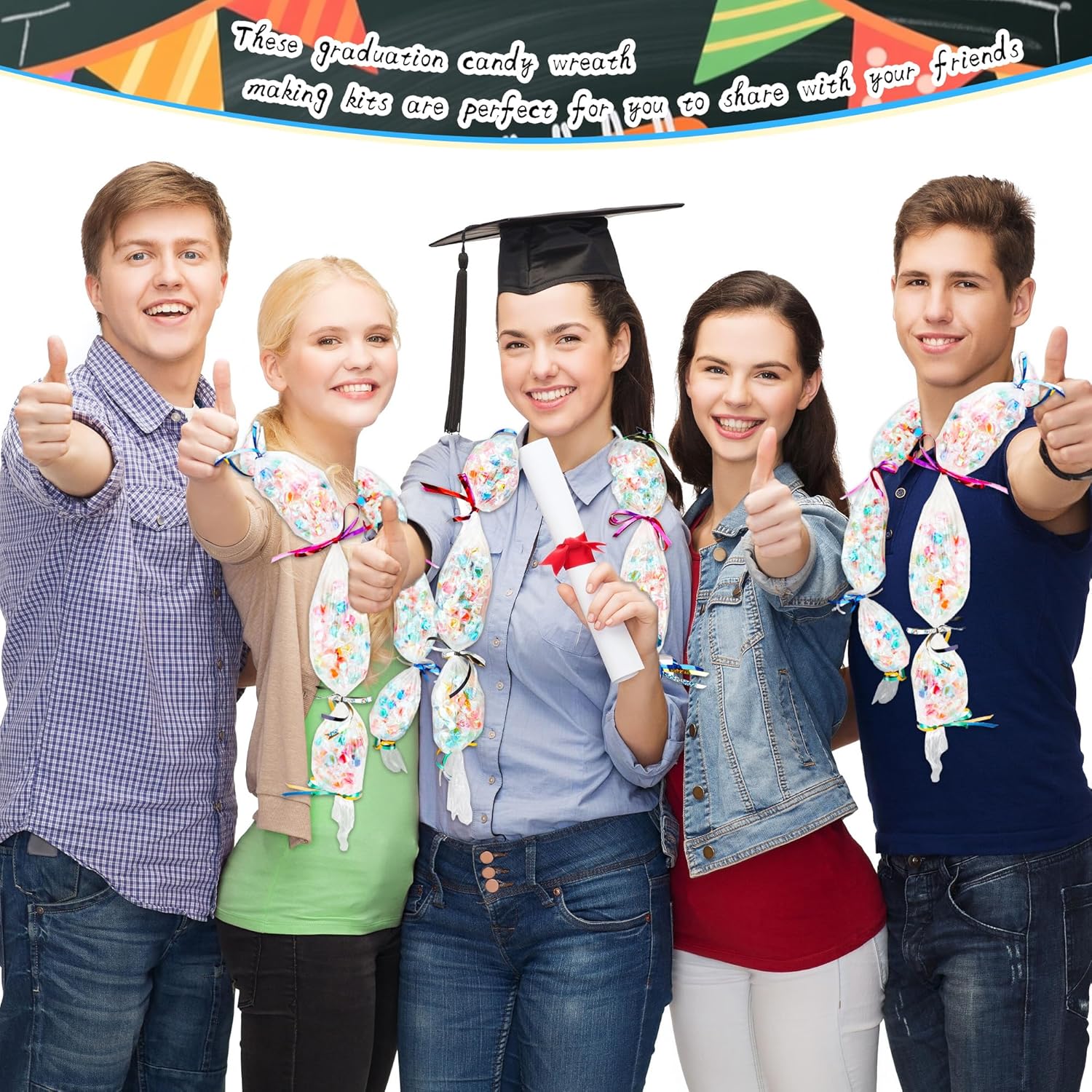 Mikasee 10 Pcs Candy Lei Tubing Clear Candy Lei Making Kit Poly Bag Tubing Graduation Necklace Lei Bags Class of 2026 with 8 Gift Ribbon and Yarn Scissors Wrapping DIY for Graduation Garland