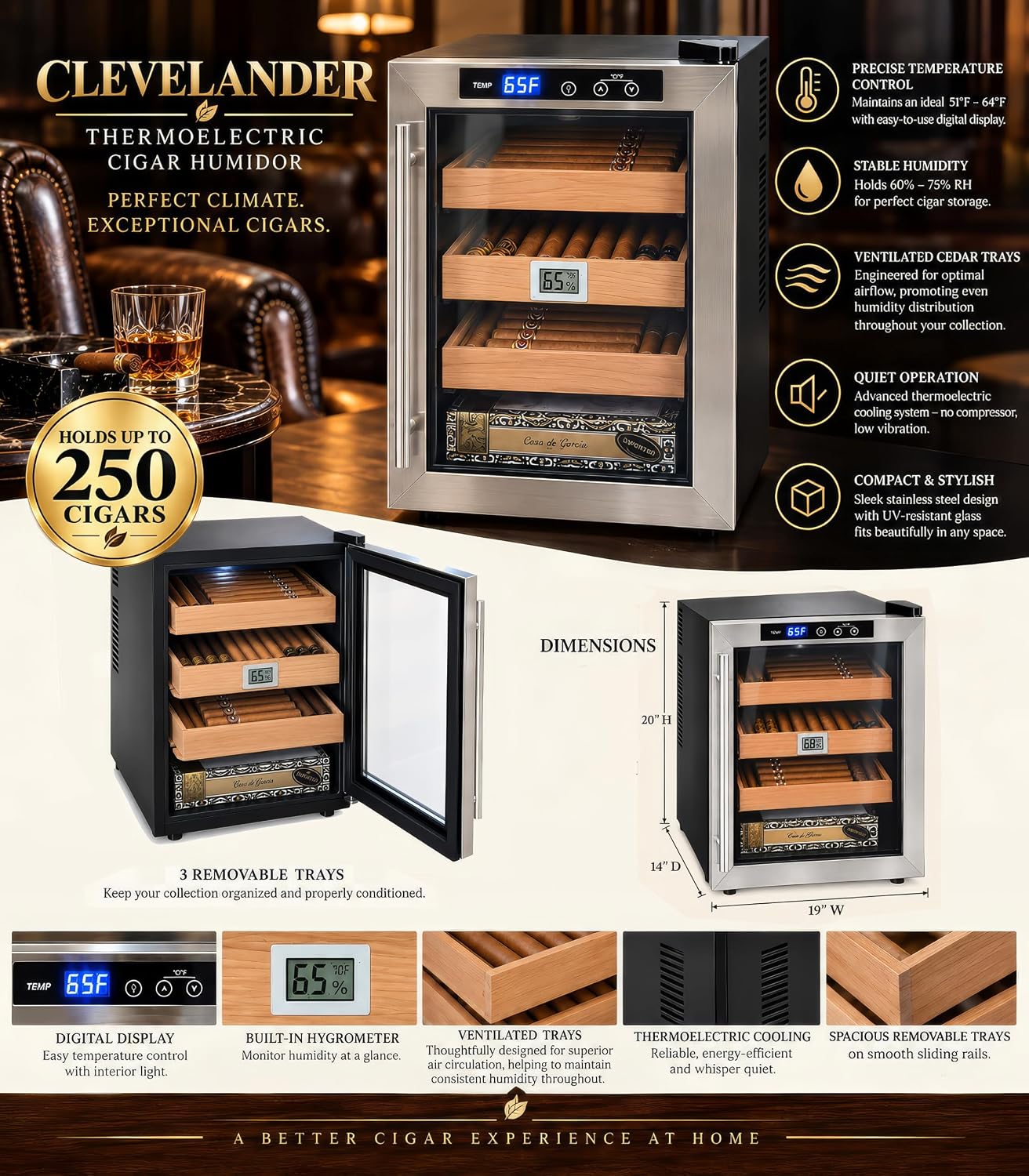 Prestige Import Group Clevelander Thermoelectric Cooler Humidor - Up to 250 Capacity - Color: Black w/Stainless Steel Door image 3
