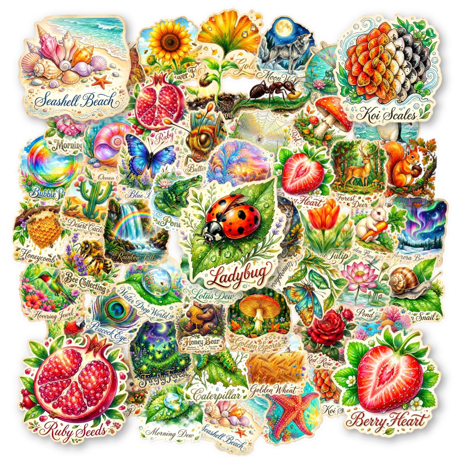 Pack of 50 Watercolour Natural Animal Plants Stickers Waterproof Self-Adhesive