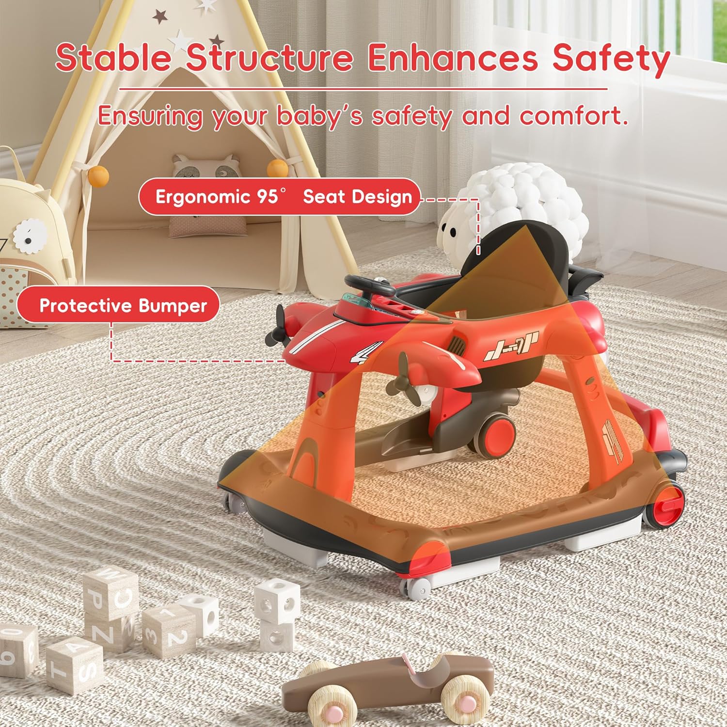 Betterhood 6-in-1 Foldable Baby Walker with Adjustable Height & Speed, Airplane-Themed Activity Push Walker with Music & Lights, Wheels, Anti-Slip Design, Suitable for Boys & Girls Aged 6-18 Months