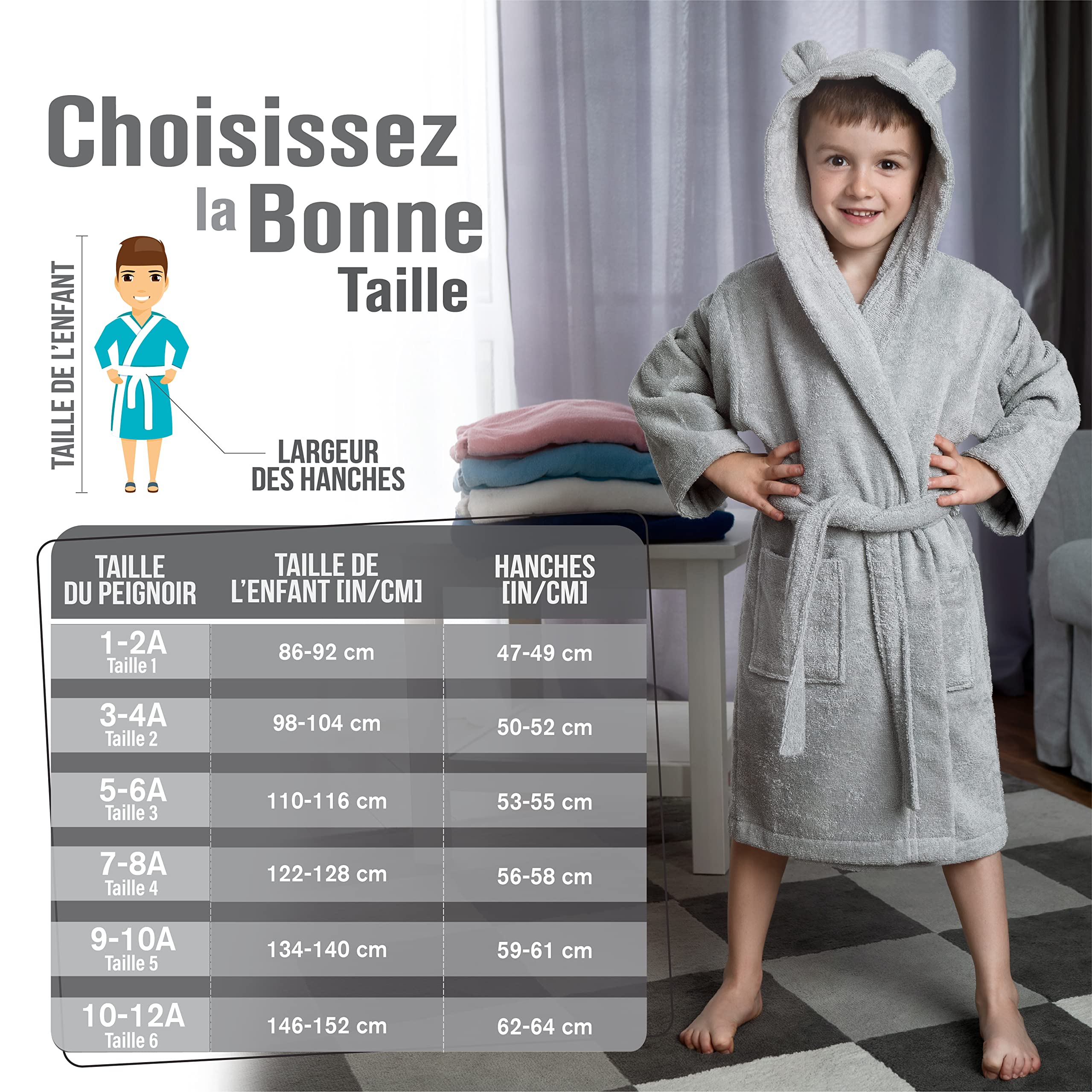 Twinzen - Peignoir Enfant Coton pour Fille et Garçon - 100% Coton OEKO-TEX® Sans Produits Chimiques- 2 Poches, Ceinture, Capuche avec Oreilles