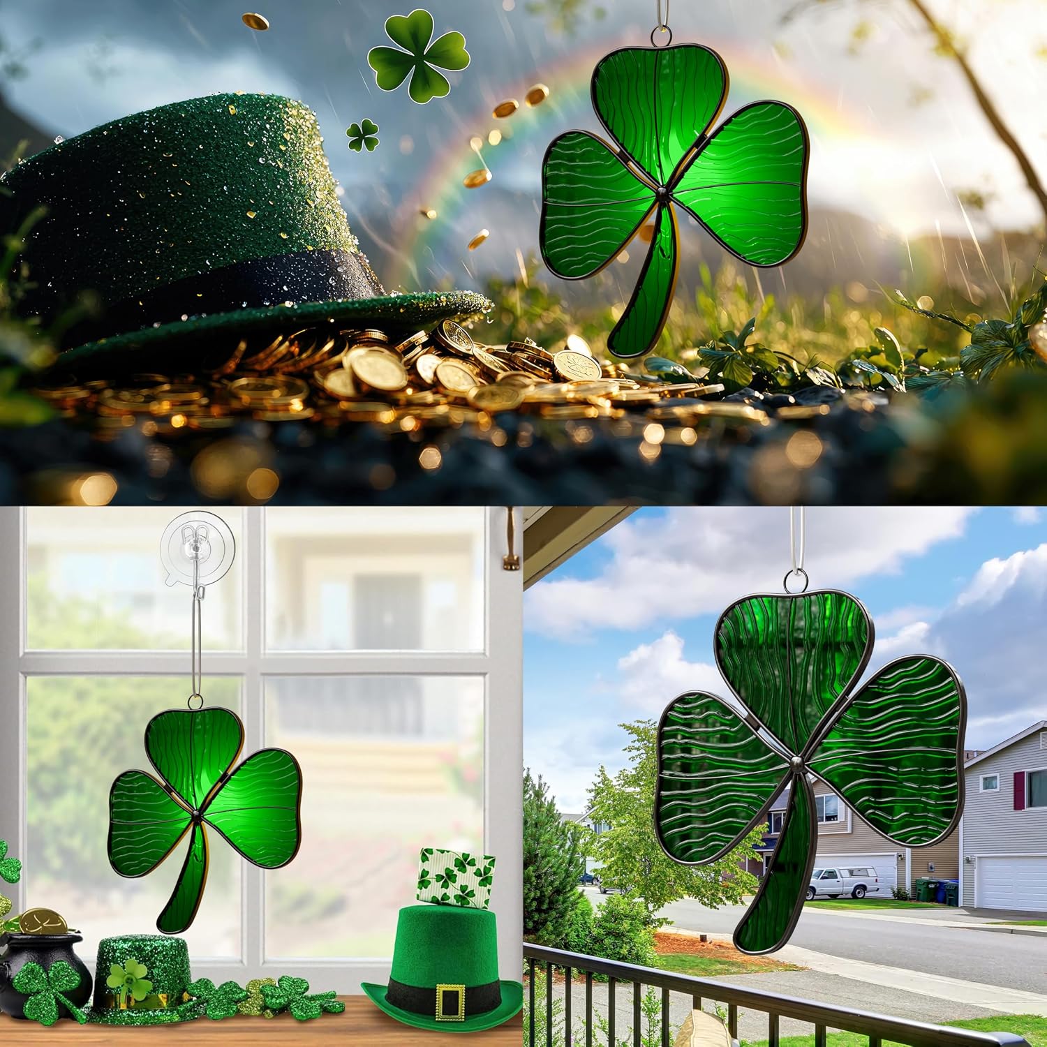 KY&BOSAM Irish Shamrock Suncatcher Windows for Hangings- Handmade Stained Glass Panels Shamrock Suncatchers Tiffany Hangings Ornament Gifts for Women St Patrick's Day Birthday Holiday or Home Decor