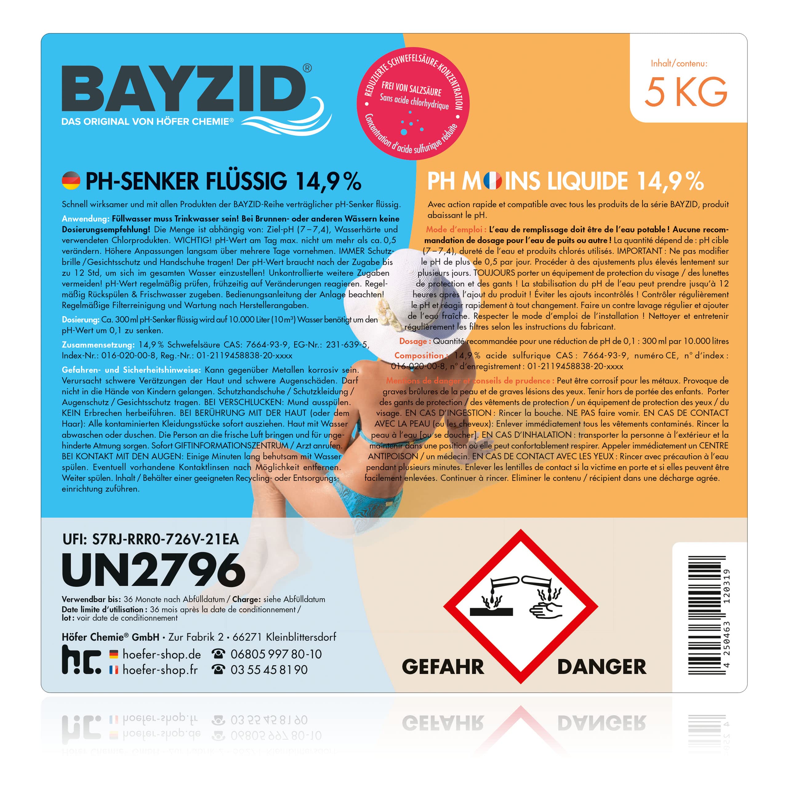 5 kg BAYZID pH Senker Minus 14,9% von Höfer Chemie für Pool & Schwimmbad zur Senkung des pH Werts