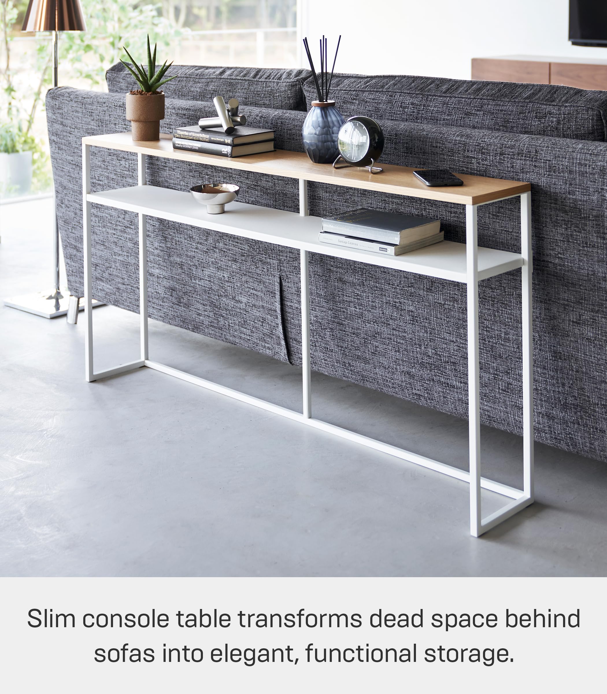 YAMAZAKI Home Long Console Entryway or Hallways, Narrow Behnd Sofa Table with Wooden Top and Metal Shelf | Steel, One Size, White