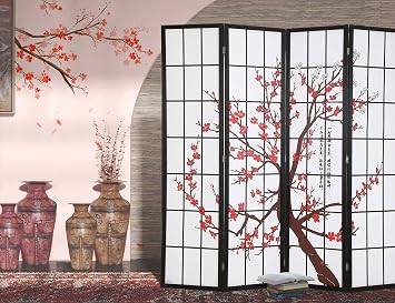 4 Panel Room Divider, 6FT Tall Japanese Plum Blossom Shoji Screen, Wood Folding Privacy Screen Indoor Partition for Home Office Bedroom, White