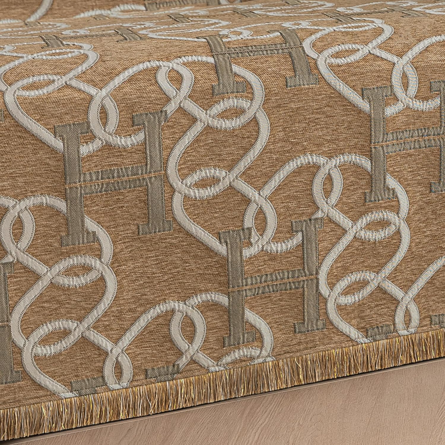 Modern Letter H Couch Cover for Sofa, Luxury Chain Patterns Jacquard Chenille Sofa Cover for Dogs, Soft Sofa Slipcovers Furniture Protector with Fringe for Pet, Cats(71x118, Light Brown)