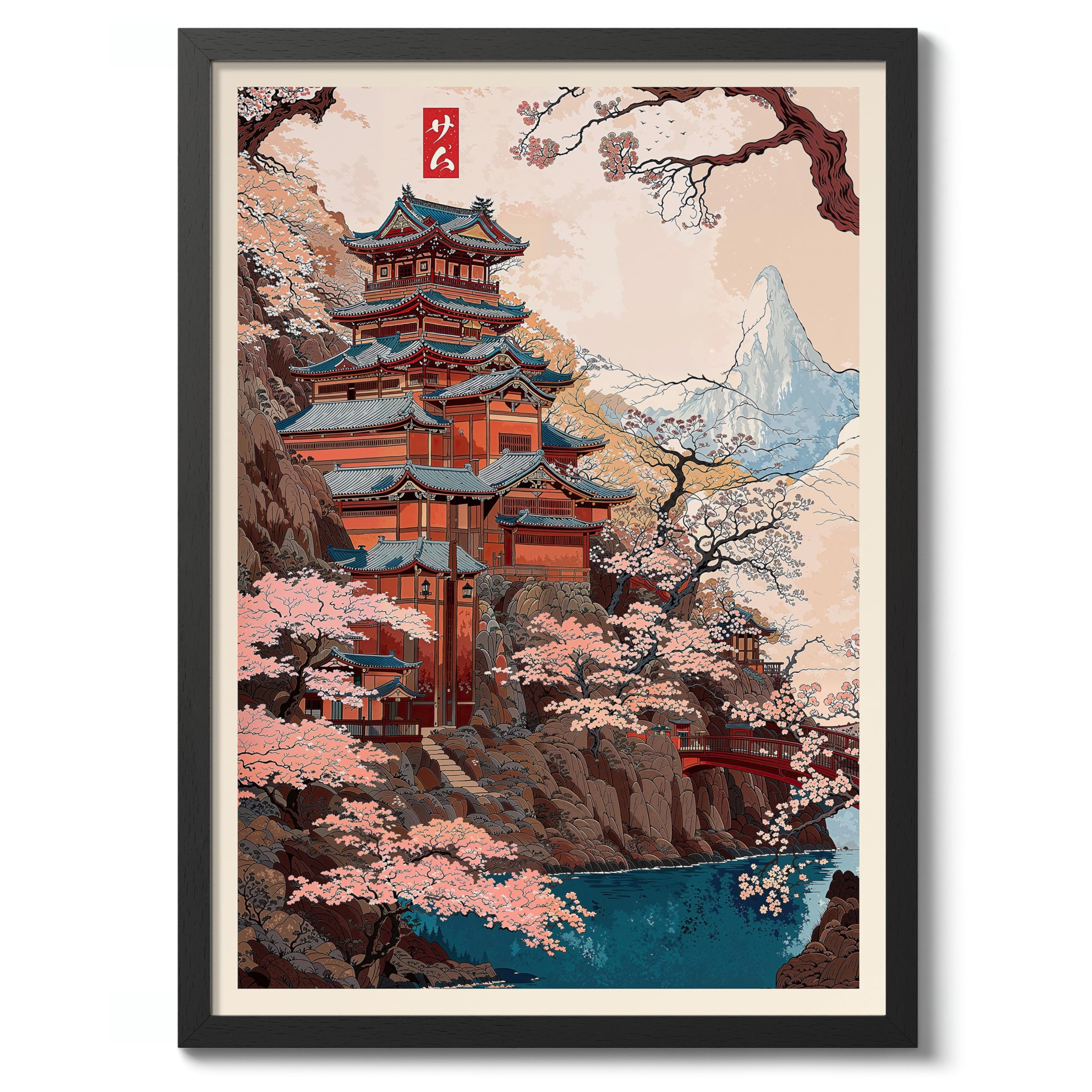 Yokohama Castle Anime Woodblock Poster Modern Ukiyo-E, Japanese Cartoon Illustration Print, Archival Matte, A3 (Black Frame) - 42x29.7cm