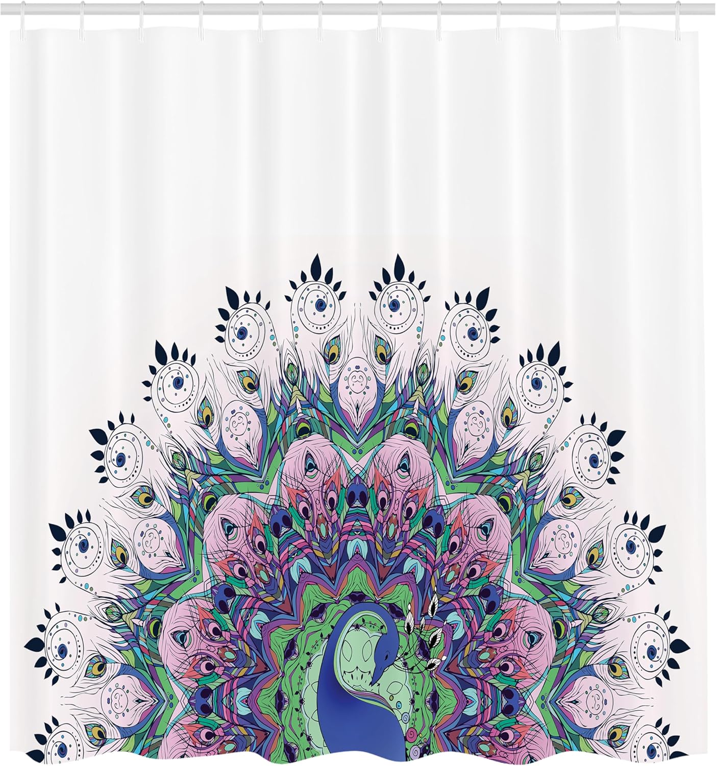 Ambesonne Peacock Shower Curtain, Peacock Illustration Exotic Wildlife Feather Ornament Vintage Oriental, Cloth Fabric Bathroom Decor Set with Hooks, 69" W x 75" L, Violet Blue Green Pink