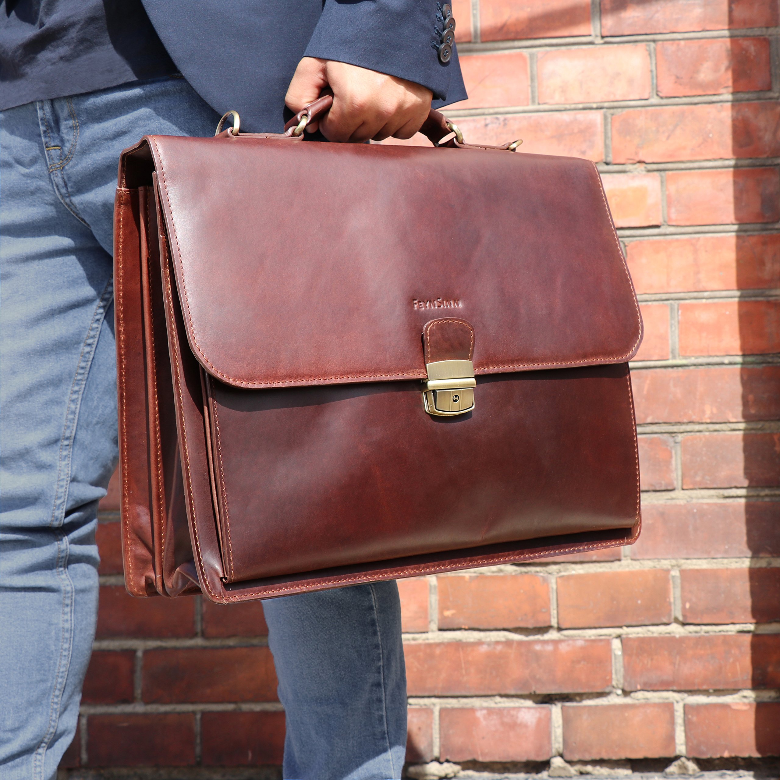 Serviette Ordinateur Cuir véritable 15.4 Pouces Emilio Cartable Porte-Document attaché-Case XL Grand pour Hommes Sac bandoulière Travail Marron