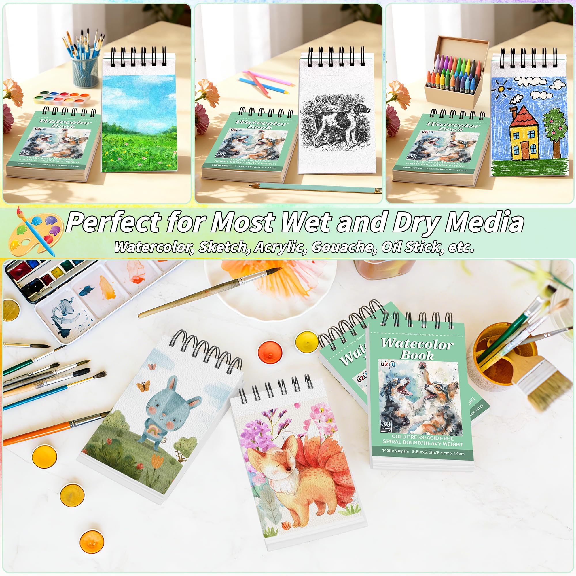Lot de 6 blocs de papier aquarelle de 8,9 x 14,9 cm, 63,5 kg/300 g/m², presse à froid, sans acide, 180 feuilles de papier aquarelle à spirale pour supports humides et secs, idéal pour adultes