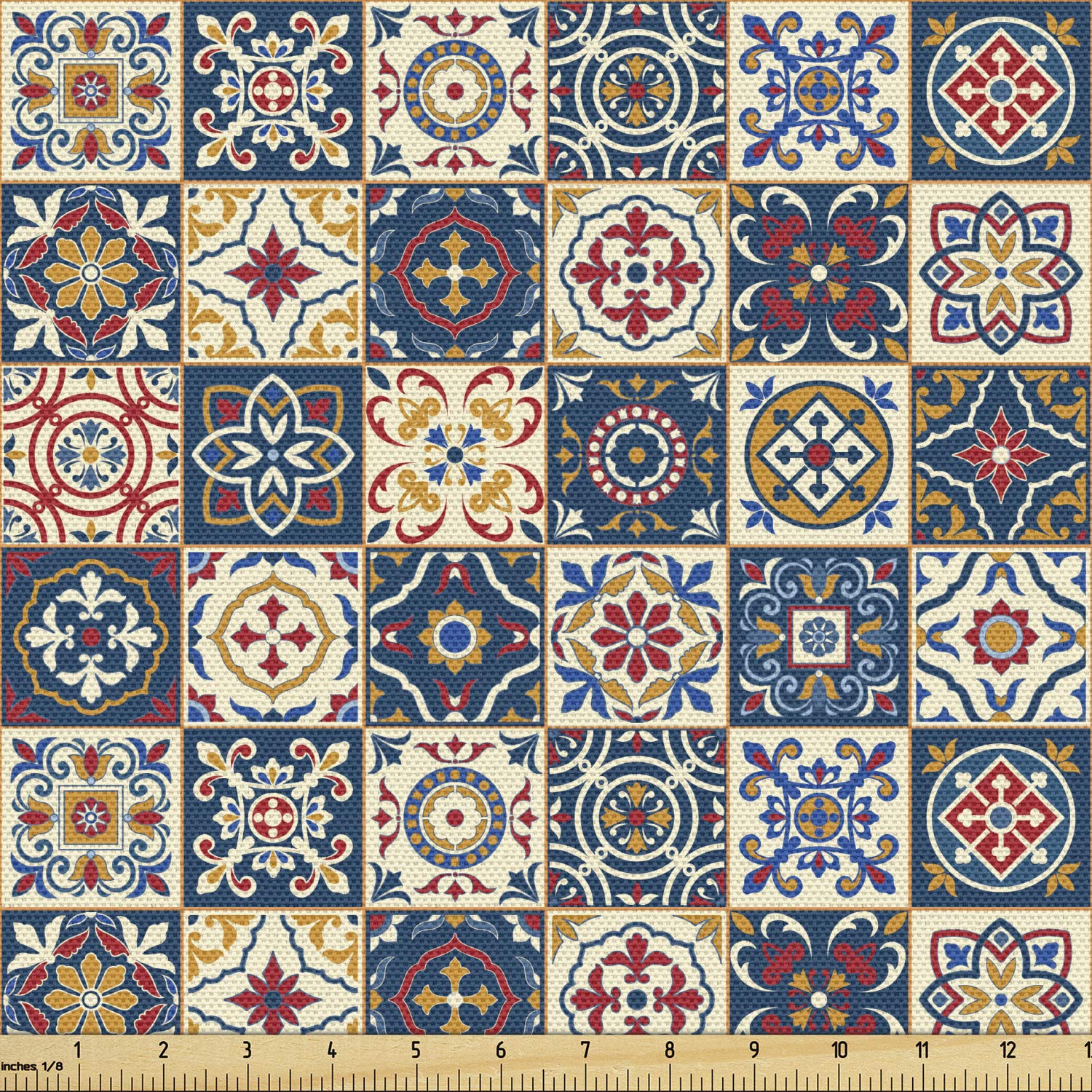 Ambesonne Moroccan Fabric by The Yard, Portuguese Azulejo Checkered Squares Colorful Pattern Floral Arrangement, Decorative Fabric for Upholstery and Home Accents, 2 Yards, Blue Amber