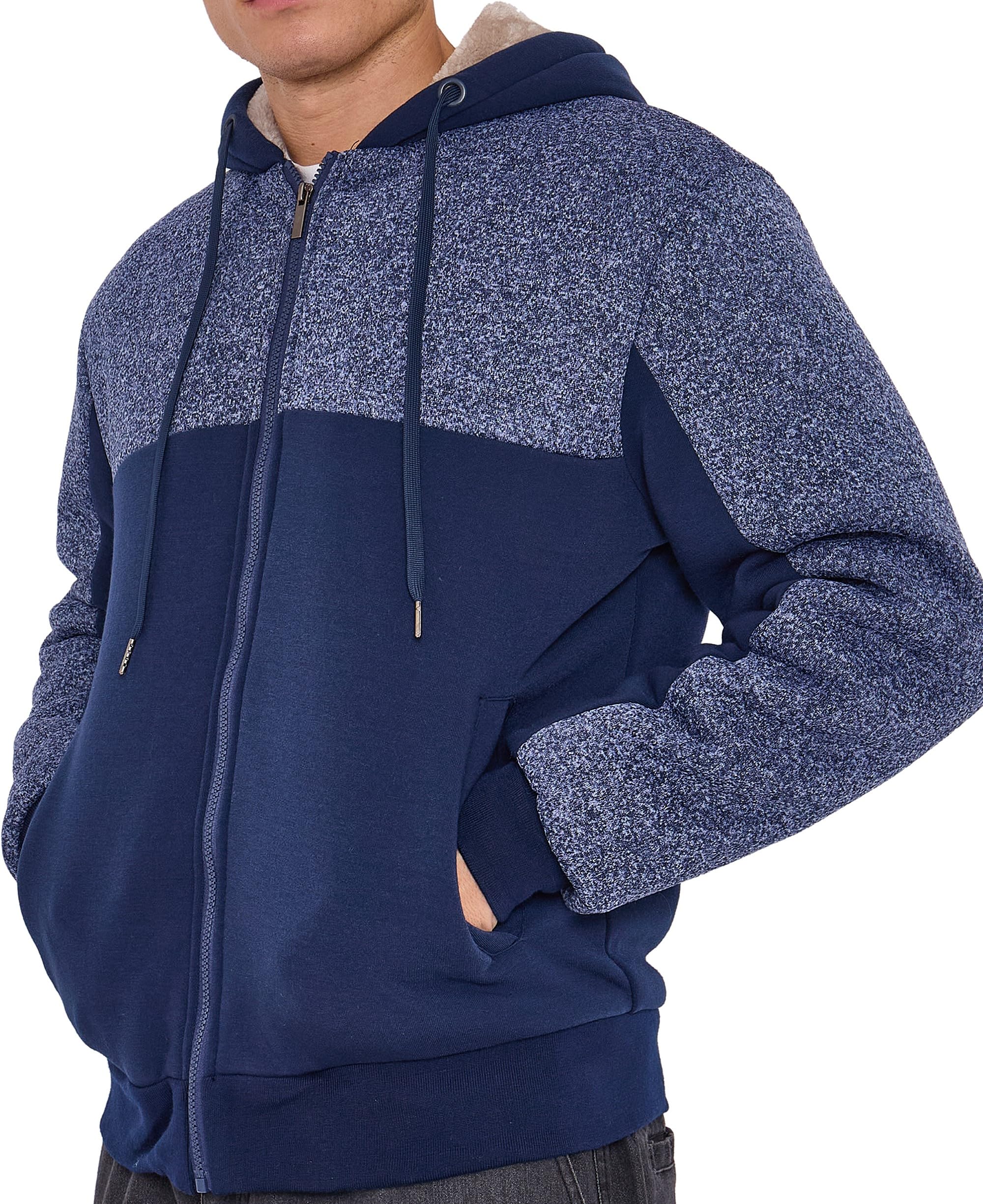 Label Apparel Men's Blue Two Tone ’S Fur-Lined Zip-Up Hoodie – Ultra-Warm Winter Jacket With Plush Lining, Adjustable Hood & Pockets – Casual Two-Tone Fleece Sweatshirt (X-Large)
