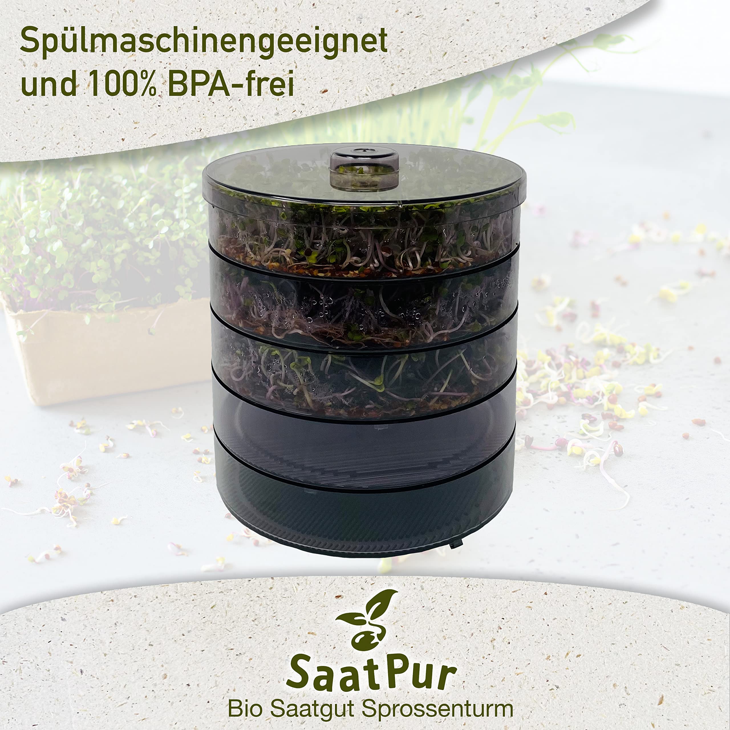 SaatPur® Keimsprossenbox Set 4 mit Vier Etagen als Sprossen Keimgerät: Sprossen Anzucht sowie Microgreens Anzuchtschalen. Keimbox, Keimschale, Keimschachtel, Sprossenbox, Sprossenhaus, Keimgerät
