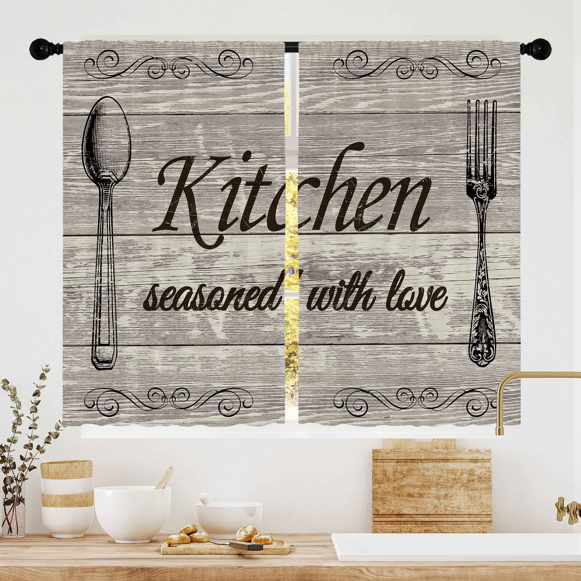 Laifzere Farmhouse Rustic Kitchen Curtains Brown Vintage Fork Spoon Retro Small Short Cafe Window Curtains Country Farm Wooden Rod Pocket Bathroom Window Drapes Treatment Tier Curtains (27.5x39 Inch)