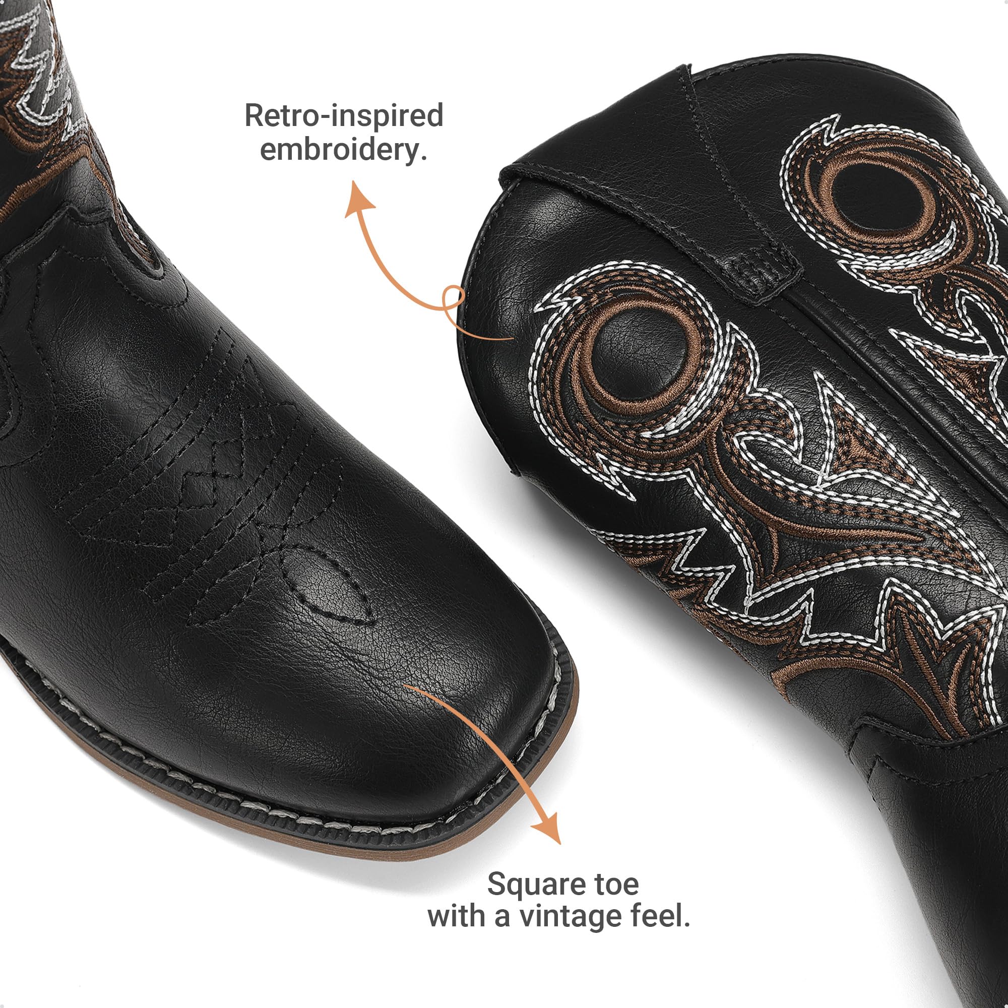 DREAM PAIRS Stivali per bambini: comfort classico | Stivali in cowboy retrò ricamati con punta quadrata, per bambini, con fodera morbida, per feste, Halloween, equitazione