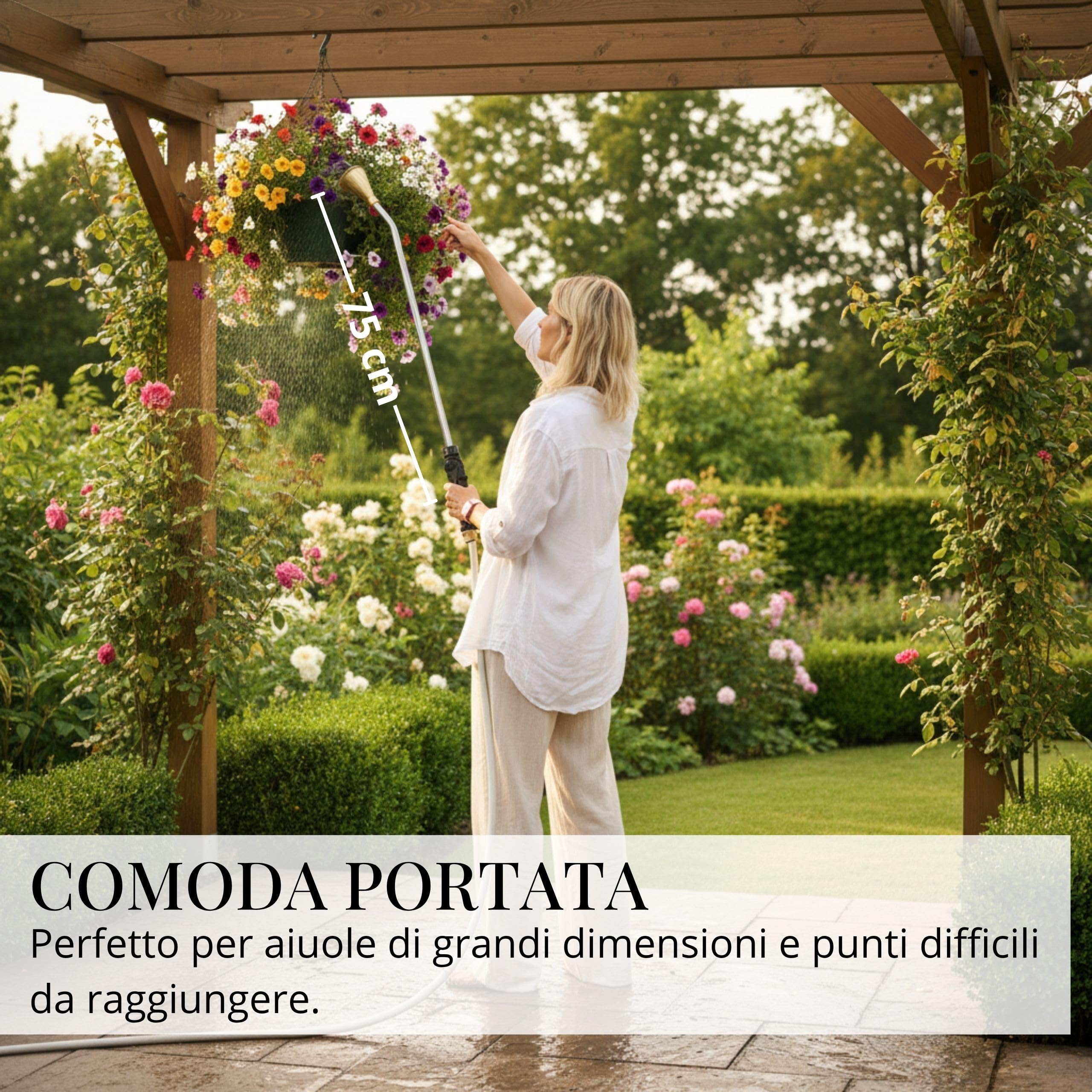 LIVLIG - Asta per irrigazione in metallo, professionale, made in Italy, asta lunga per giardino e balcone, interruttore on/off e doccetta da giardino rimovibile, sistema di irrigazione a scatto da 1/2