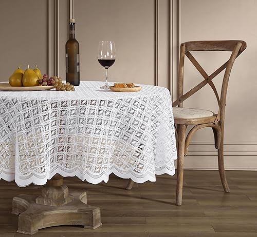 HLC.ME Alona - Mantel de tela de encaje para mesas redondas, resistente a las arrugas, mantel festoneado estampado (70 redondos, blanco)