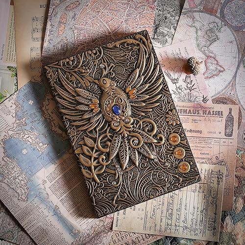 Miniatura 4 de Diario sin forro  Cuaderno de tapa dura con patrón de arte en relieve 3D de latón Phoenix para hombres y mujeres, cuaderno de bocetos en blanco A5