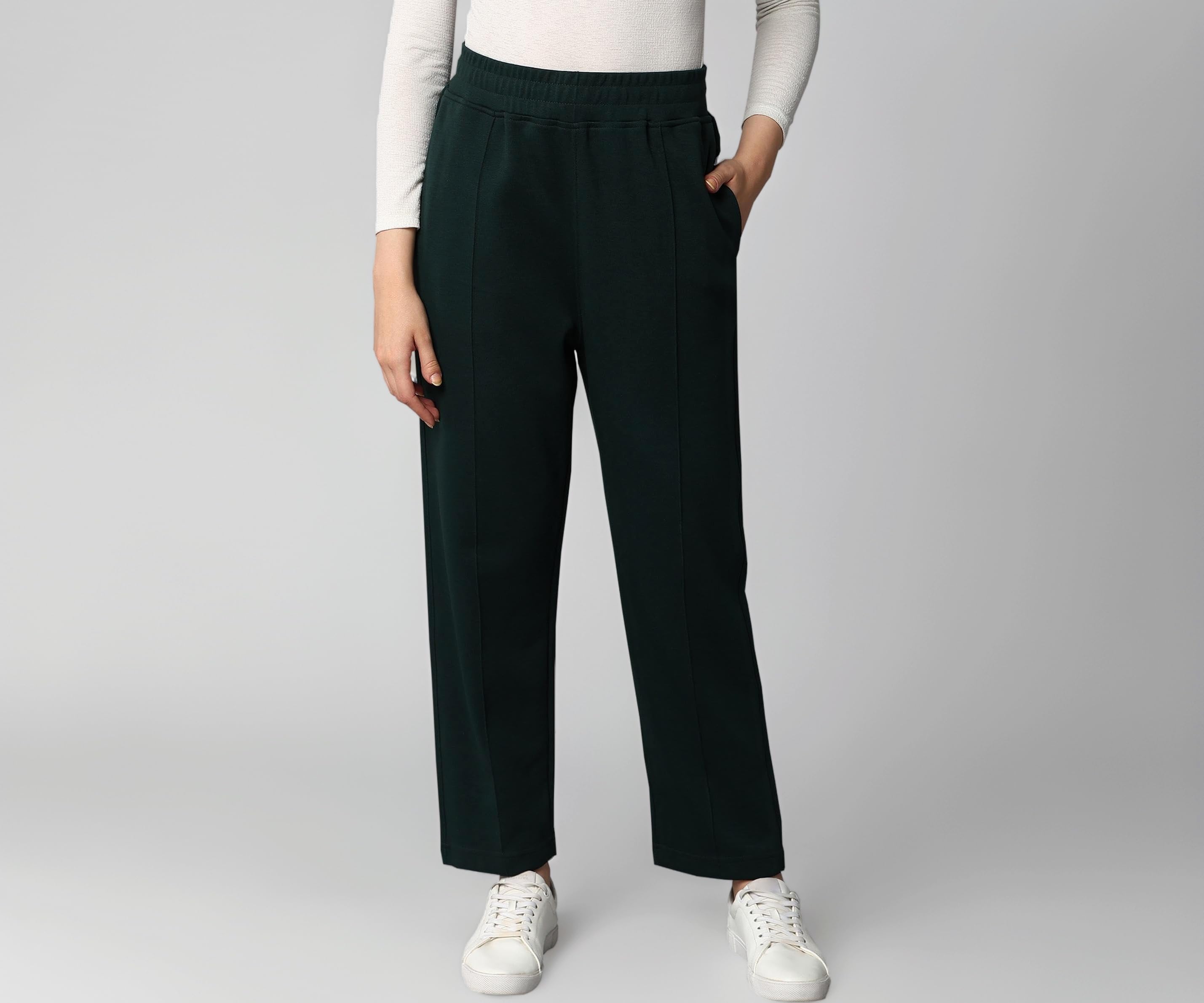 Alan Jones Clothing Womens Mid Rise Stretch Straight Trousers | Straight Fit With Pin Tucks | Side Pockets | Concealed Drawstring Waist