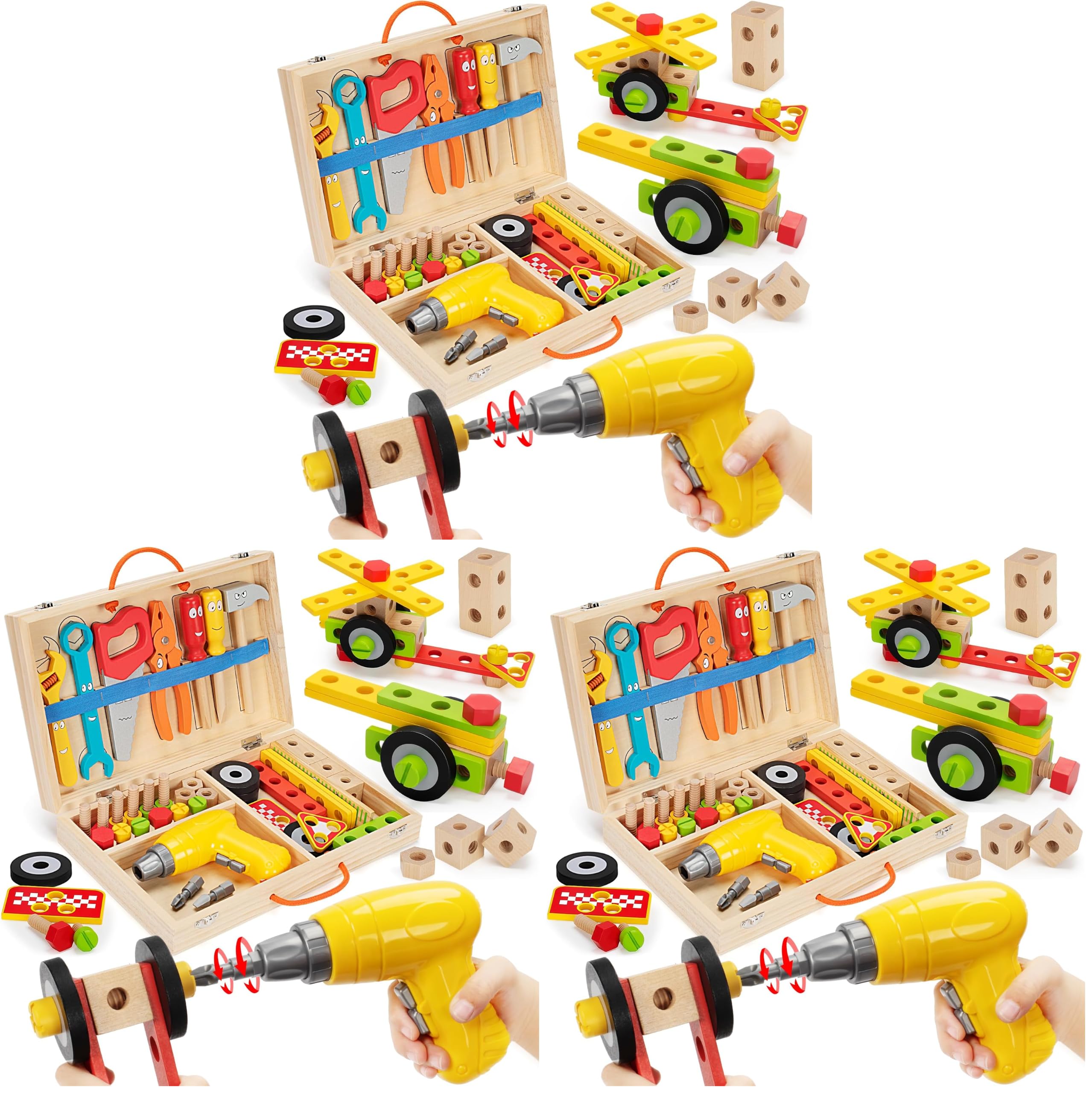 Kids Tool Set Toy with Drill, Stem Montessori Toys for 3 4 5 Years Old Boy Girl, 44 Pcs Wooden Toddler Tool Kits Inc Box, Learning Educational Construction Toy (Pack of 3)