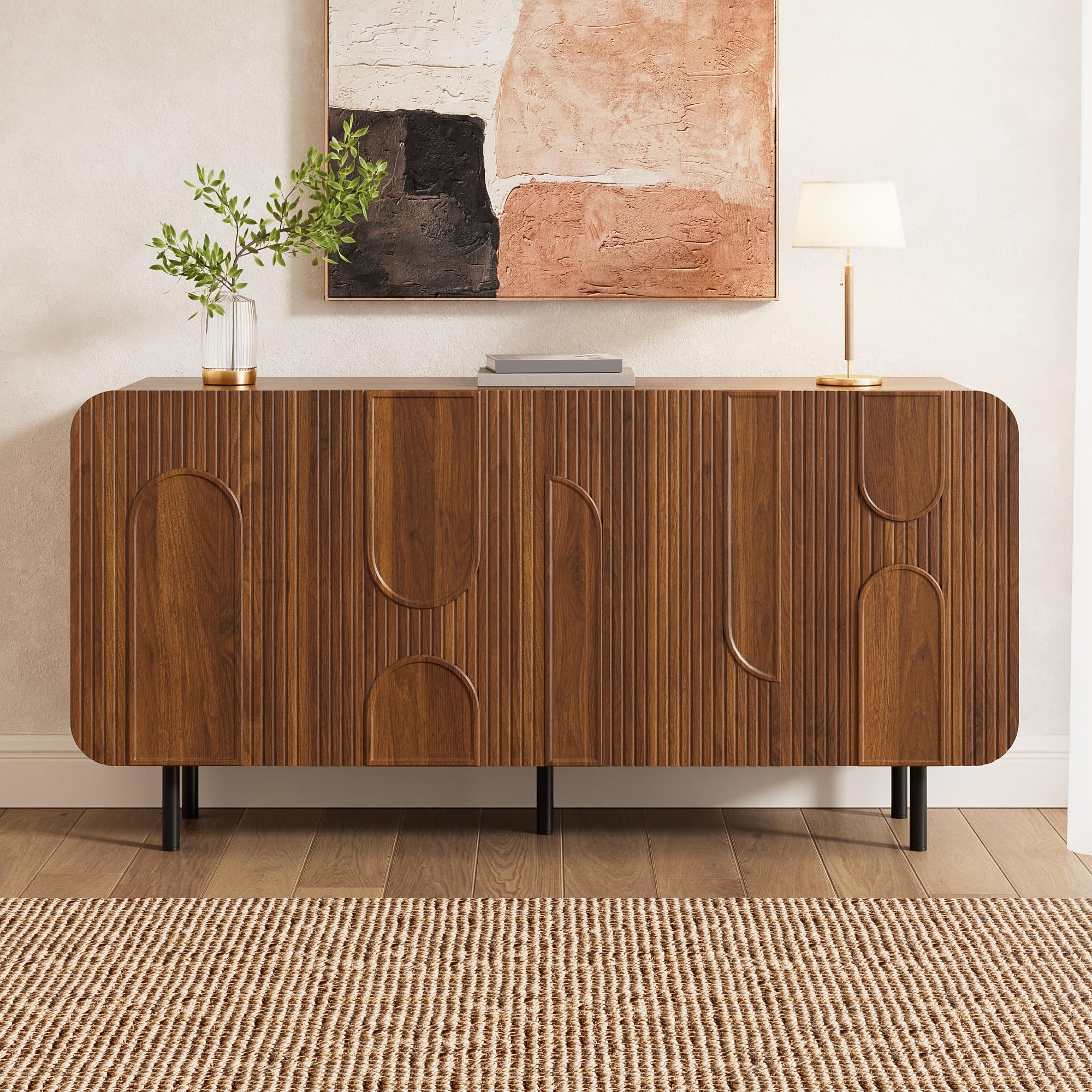 Credenza con 4 ante e ripiani regolabili, armadietto da cucina con angoli arrotondati e goffratura geometrica, 160 x 40 x 79 cm, noce