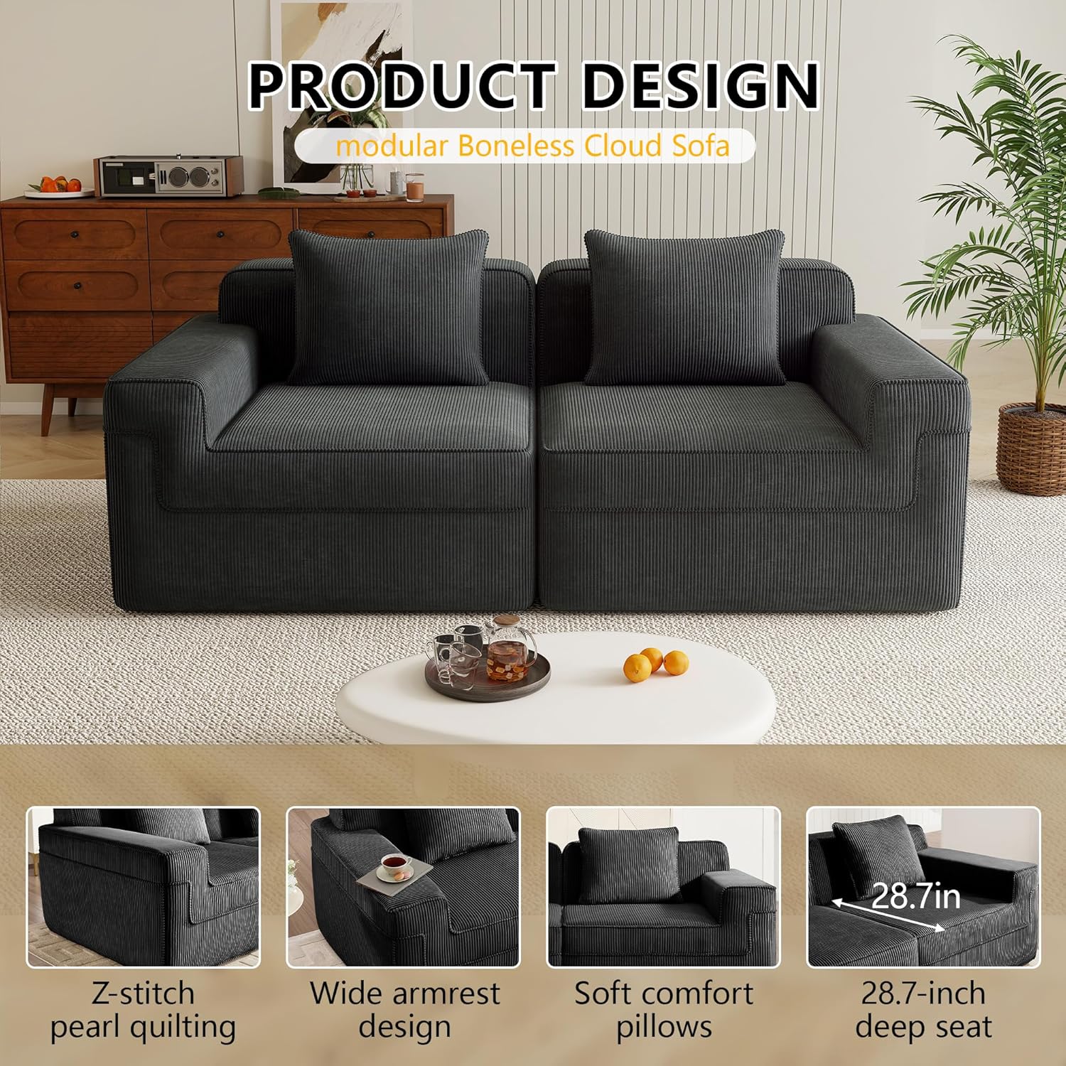 81.1" Loveseat, No-Assembly Boneless Modular Sectional Couch, 32D Solid Foam Corduroy Sofa with Pillow, Deep Seat Wide Armrests Couches for Living Room