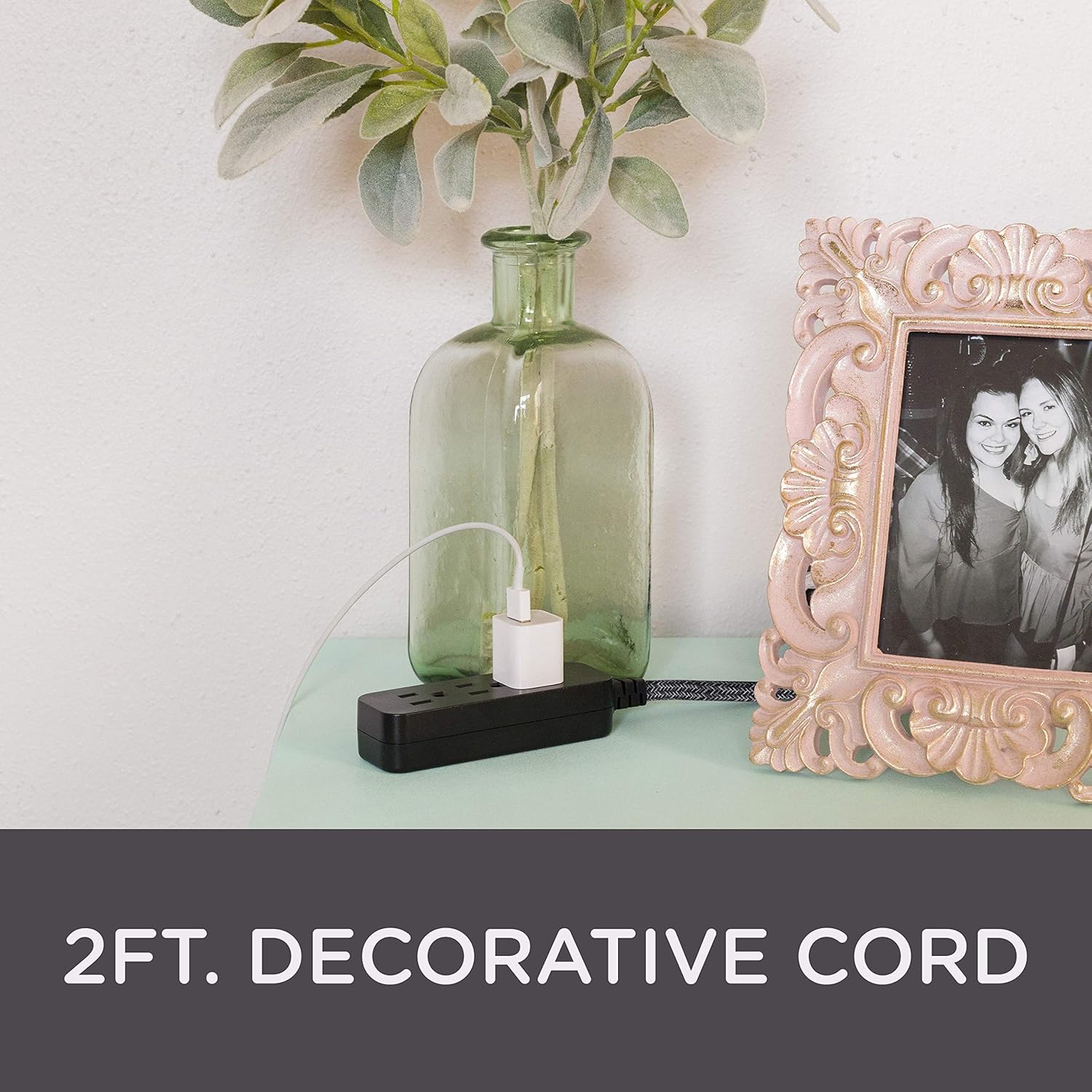 Cordinate Designer 3-Outlet Power Strip, 2 Ft Braided Extension Cord, Grounded Adapter, Low-Profile Flat Plug, UL Listed, Black/Dark Heather, 47298 : Everything Else