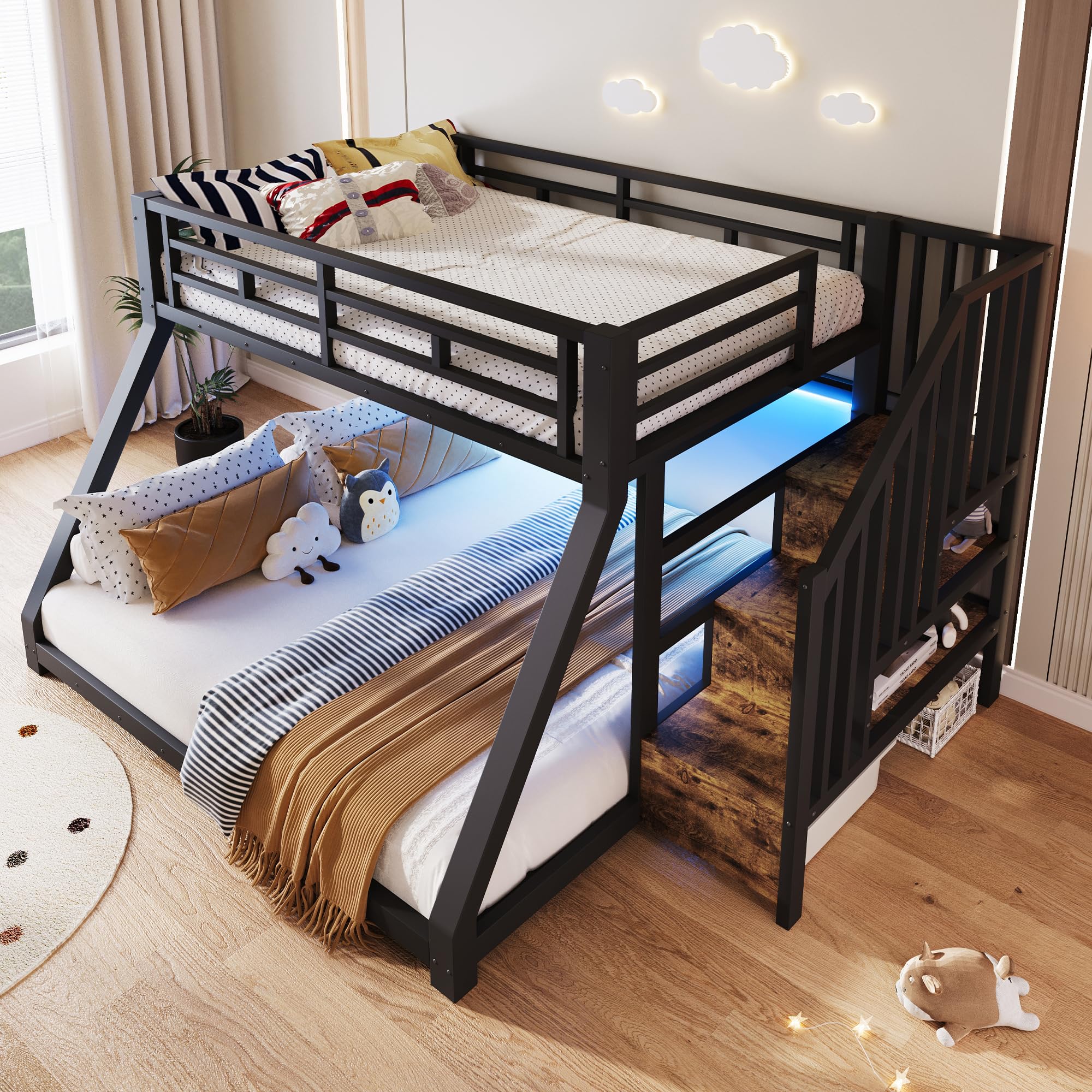 Letto a castello con luci a LED,Letto superiore 90×200 cm,Letto inferiore 140×200 cm,con 3 vani contenitore,Materiale metallico con scaletta contenitore,guardrail e pediera,Nero (Senza materasso)