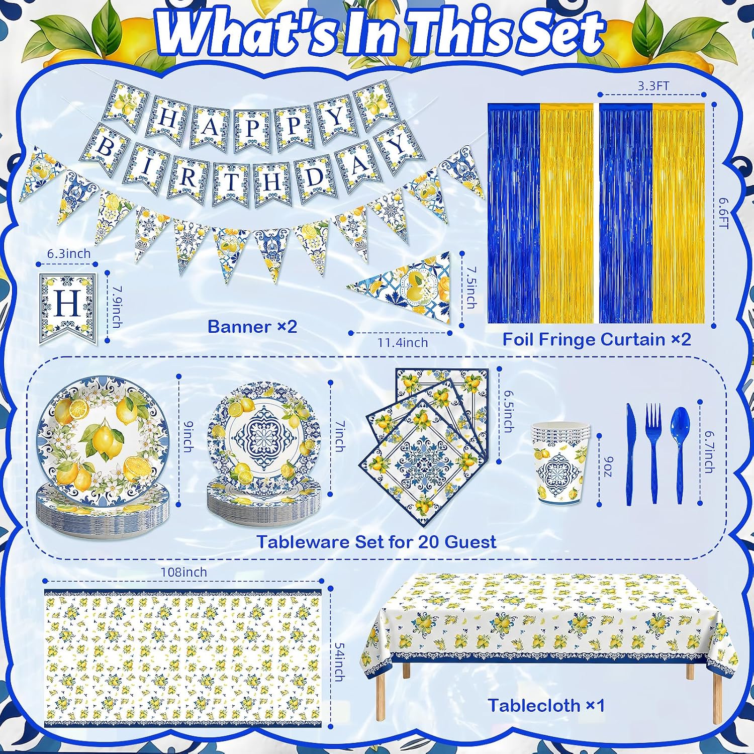 Amalfi Coast Party Decorations, Blue Tiles Lemonade Stand Supplies Summer Paper Plates Happy Birthday Banner Napkins Balloons Italian Tablecloth Cake Topper Streamers Lemon Decor Severs 20