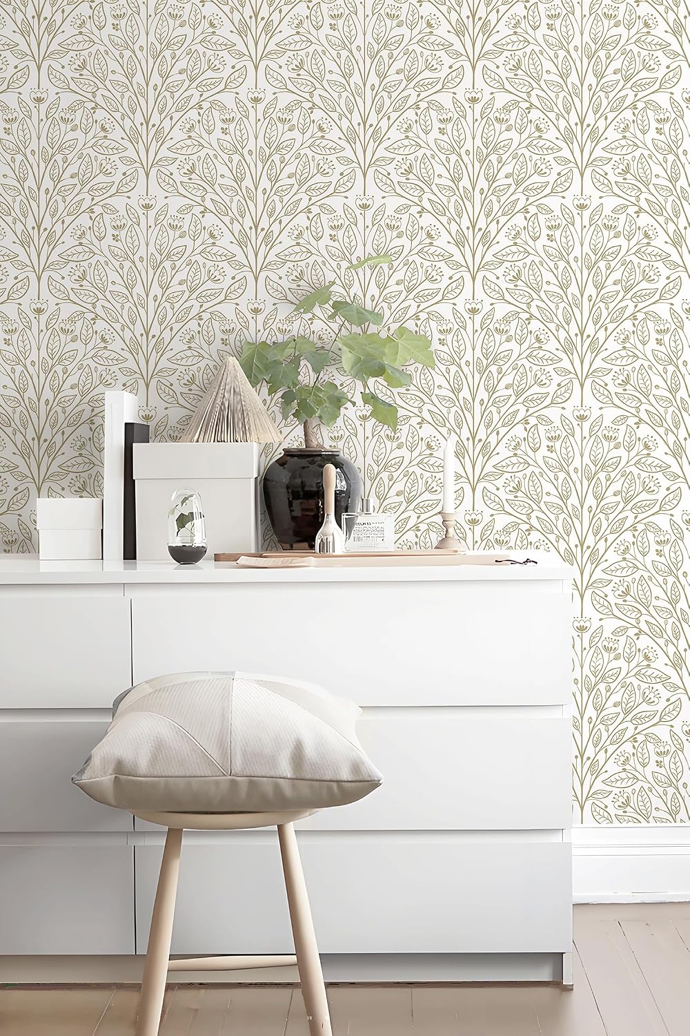 Safiyya Peel and Stick Wallpaper Boho Modern Beige Leaf Fanshaped 197"x17.3" Contact Paper Peel and Stick Wall Paper Self Adhesive Removable Wallpaper for Bedroom Bathroom Vinyl Roll
