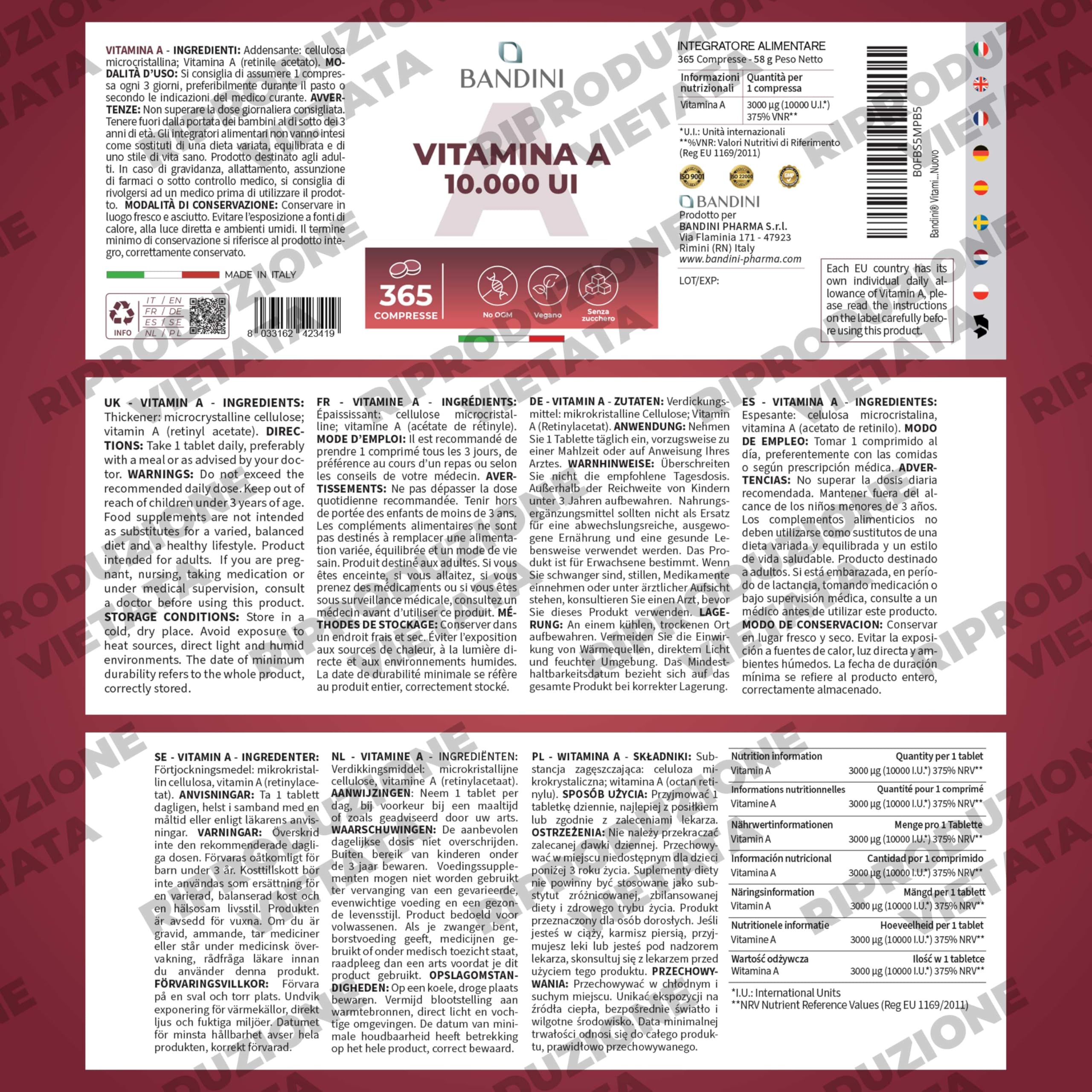 Bandini® Vitamina A Pura, 365 Microcompresse Vegane (1+ Anno di fornitura), Contribuisce al Mantenimento di Pelle e Vista Normali, Acetato di Retinile, Alternativa a Vitamina A Gocce, No OGM