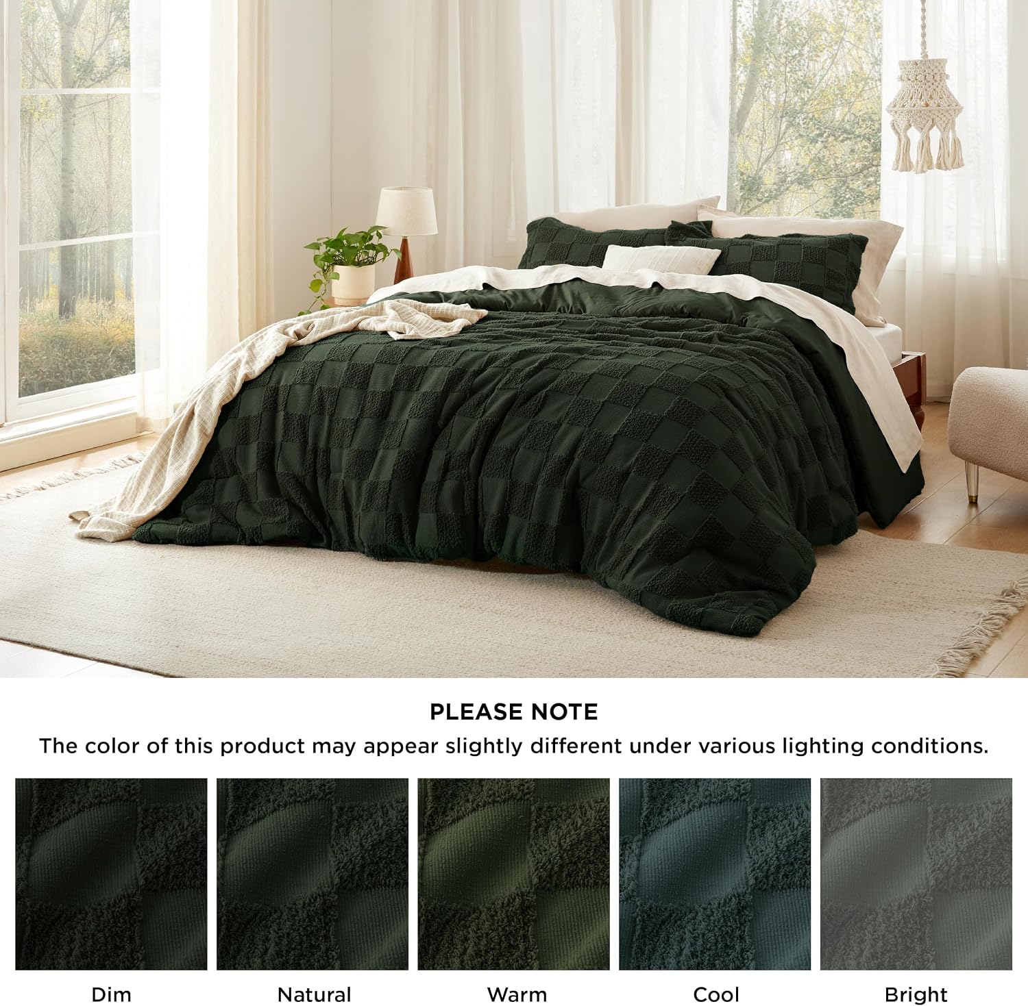 Bedsure Dark Olive Green Queen Size Comforter Set, Boho Tufted Bed Set, Checkered Farmhouse-Style Distressed Vintage Bedding, 3 Pieces, 1 Plaid Geometric Comforter and 2 Pillow Shams