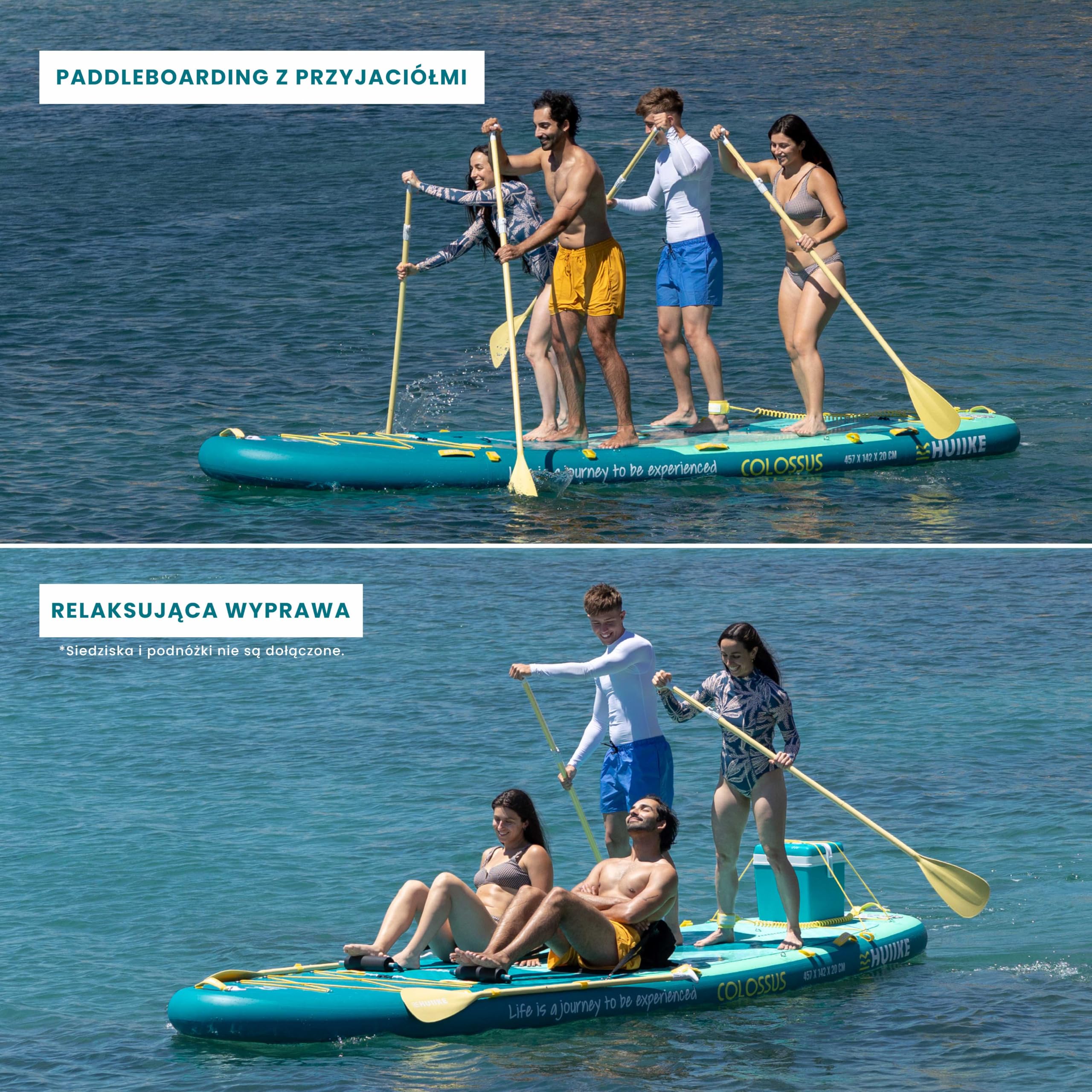 HUIIKE Stand Up Paddle Board 15' dla 4 Osób z Dołączone Akcesoria, 4 Wiosłami, 2 Pompkami, Statecznikami, Leash, Torbą. Pompowana Deska SUP Wysokiej Stabilności i Wytrzymałości. Udźwig 480 kg