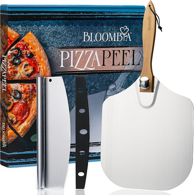 Bloombia Pizza Peel 12 inch - Premium Aluminium Pizza Paddle 12 inch with Steel Cutter - Easy-to-Store Peel with Extendable Foldable Wooden Handle - Metal Dough Shovel with Rocker - Baking Tool