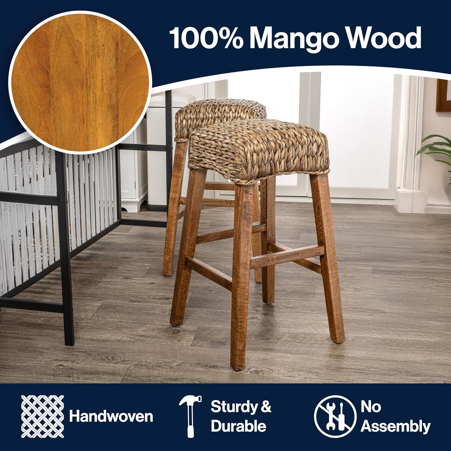 JONATHAN Y Maui 30" Brown Wash Coastal Woven Water Hyacinth Bar Stool, Mango Wood Frame, Backless Barstool for Kitchen Island with Integrated Footrest, Fully Assembled, Coastal BSL1101A
