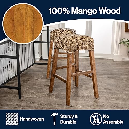 Miniatura 7 de JONATHAN Y BSL1101A Maui - Taburete de bar rústico bohemio de jacintomadera sin respaldo para el hogar, cocina, comedor, espacios de trabajo,