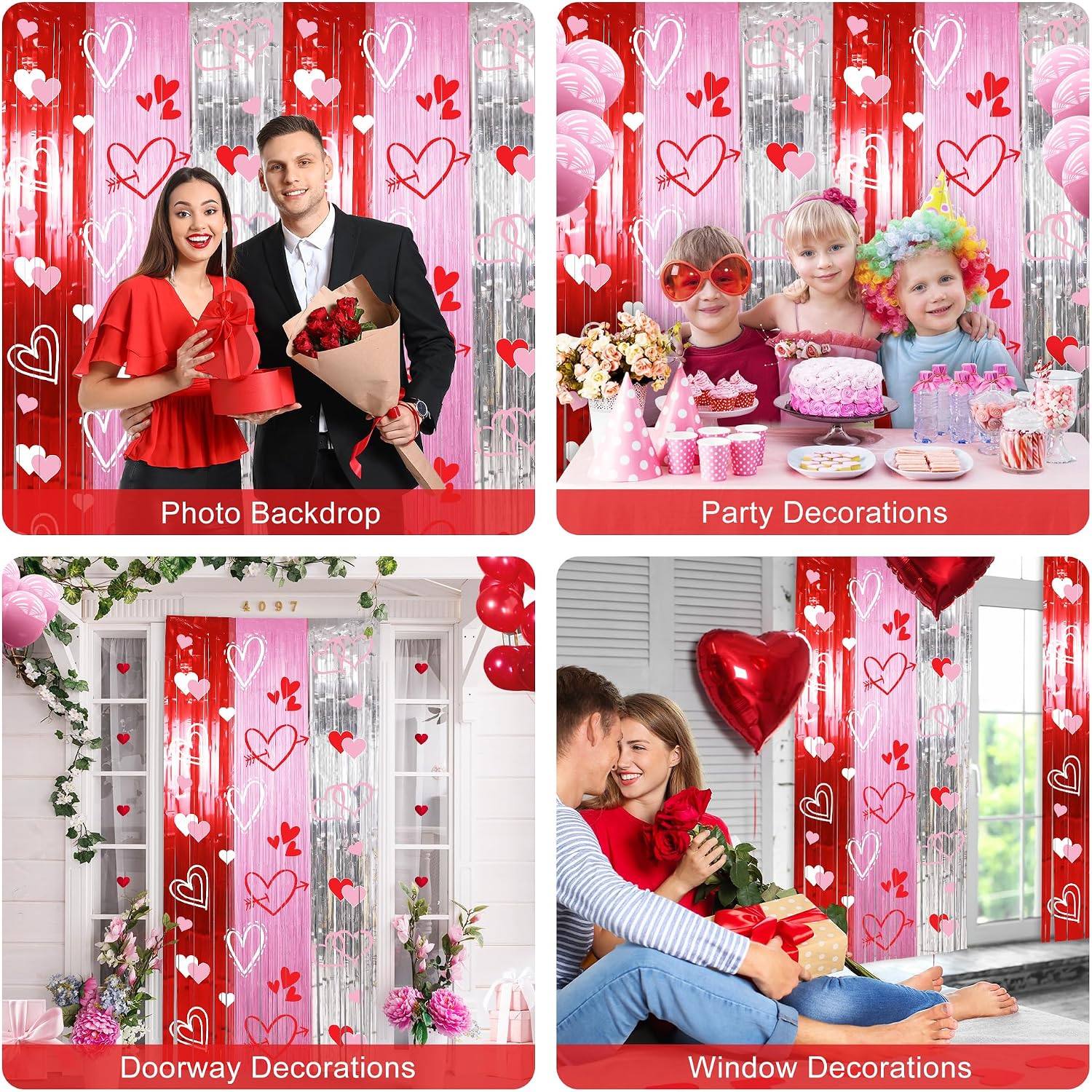 Foil Fringe Curtains Backdrop Valentines Party Decorations, 2 Pack 3.3 x 6.6 FT Red Pink Silver Tinsel Valentines Day Backdrop, Valentine Photo Backdrops Galentines Day Decor Wedding Party Decor