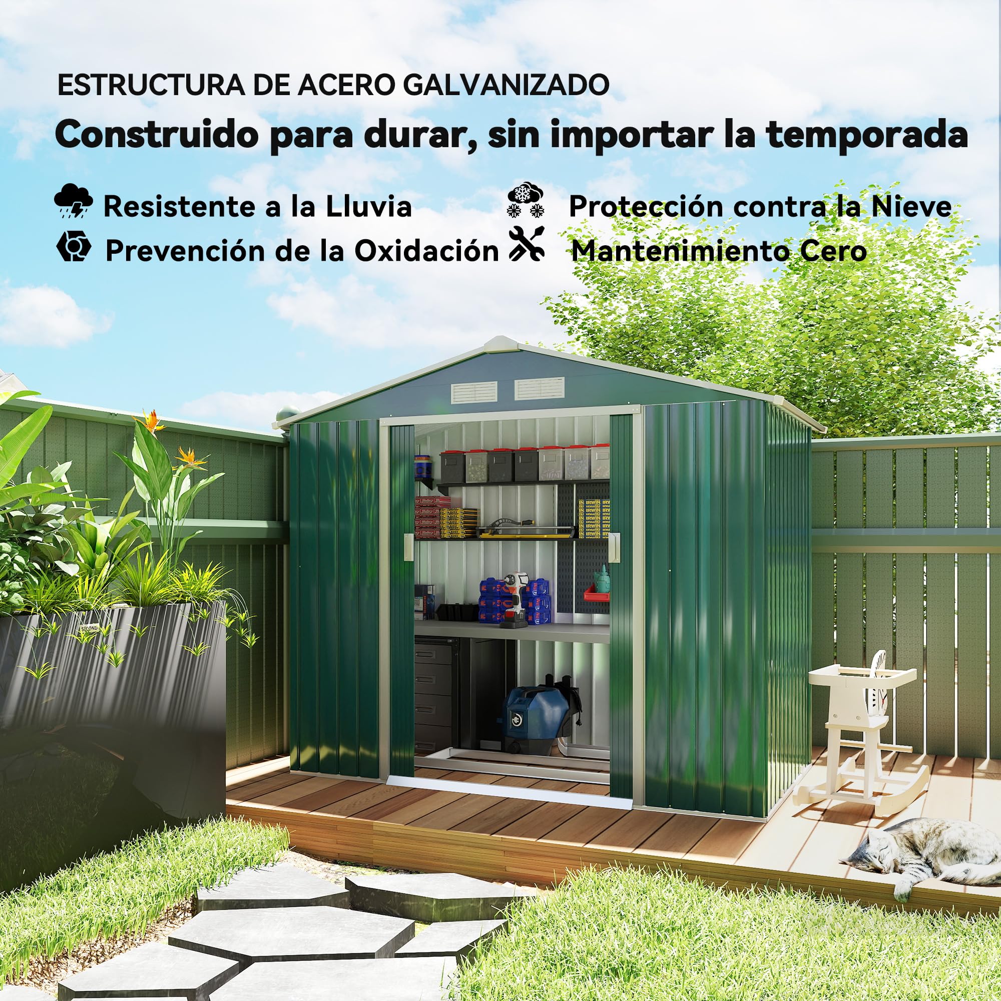 Outsunny Caseta de Jardín Exterior, 2,5 m² 213x130x185 cm, Cobertizo de Jardín Exterior Metálico con 2 Puertas Correderas, Base Refuerzo (Suelo NO Incluido) y 4 Ventanas, Verde Oscuro — view 3