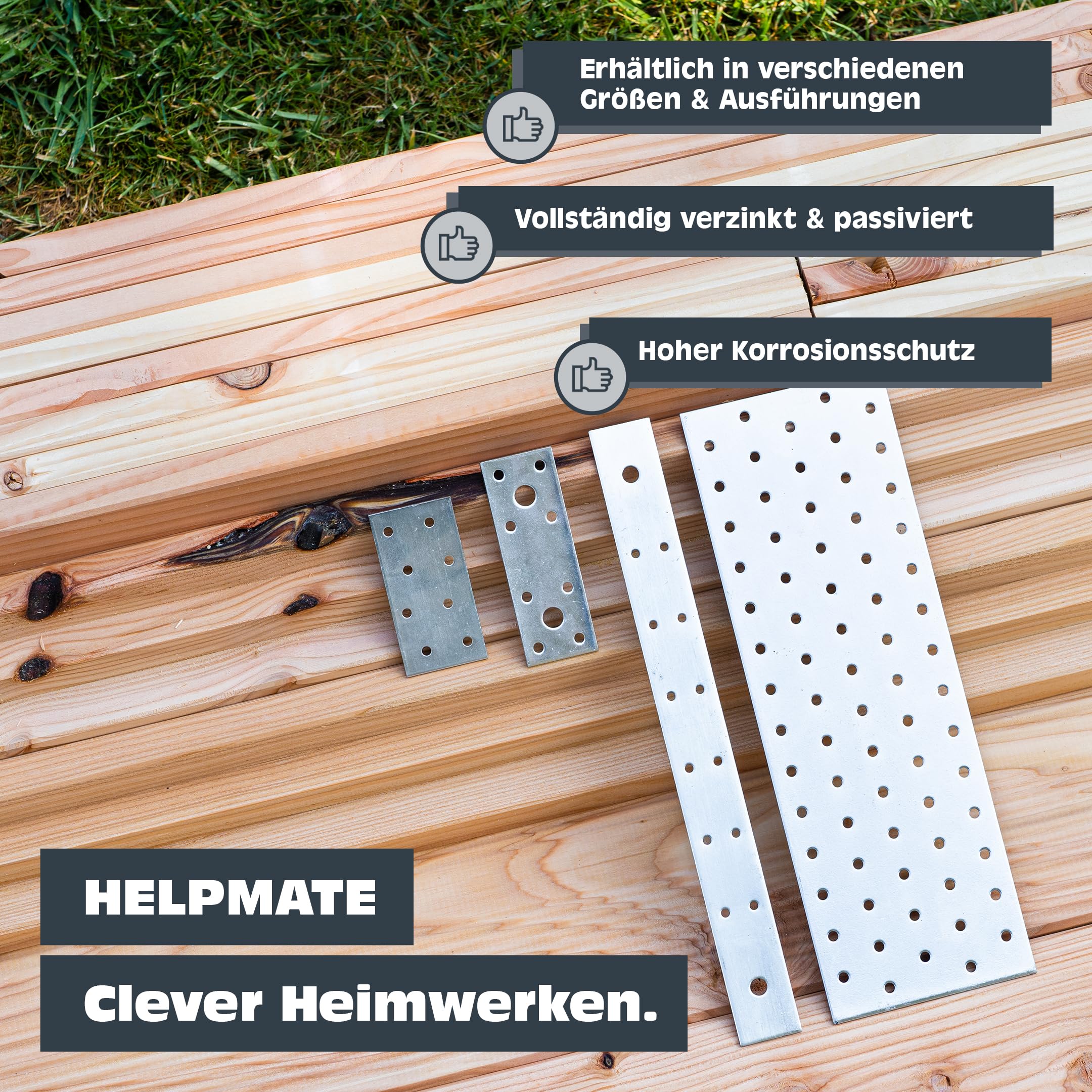 HELPMATE – 6 Stück Lochplatten 100x200 mm – Flachverbinder galvanisch verzinkt & blau passiviert – Holzverbinder mit Korrosionsschutz, stabil & langlebig – einfache Montage (Packung mit 4)