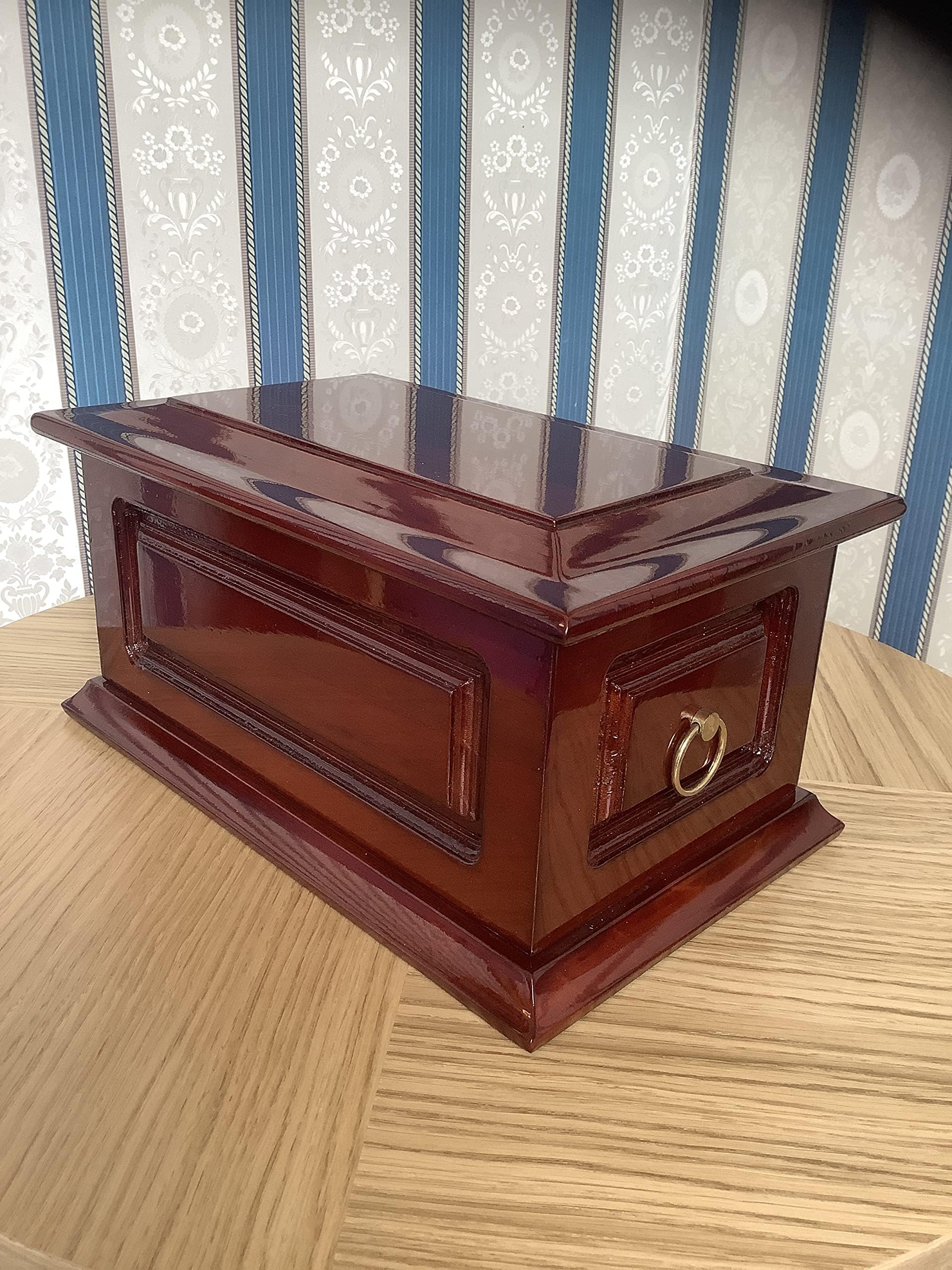 Solid Wood Funeral Cremation Ashes Urn For Adult With Metal Ring Handles - Mahogany Satin Finish (Campbell)