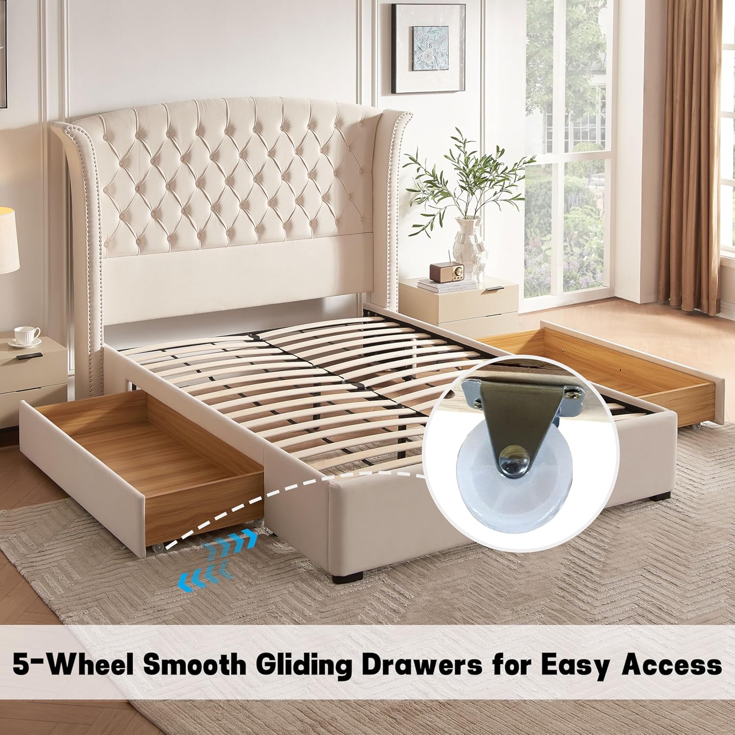 Upholstered Queen Size Bed Frame with 2 Storage Drawers, Button Tufted Wingback Headboard, Heavy Duty Mattress Foundation with Wooden Slats, No Box Spring Needed, Easy Assemable, Beige
